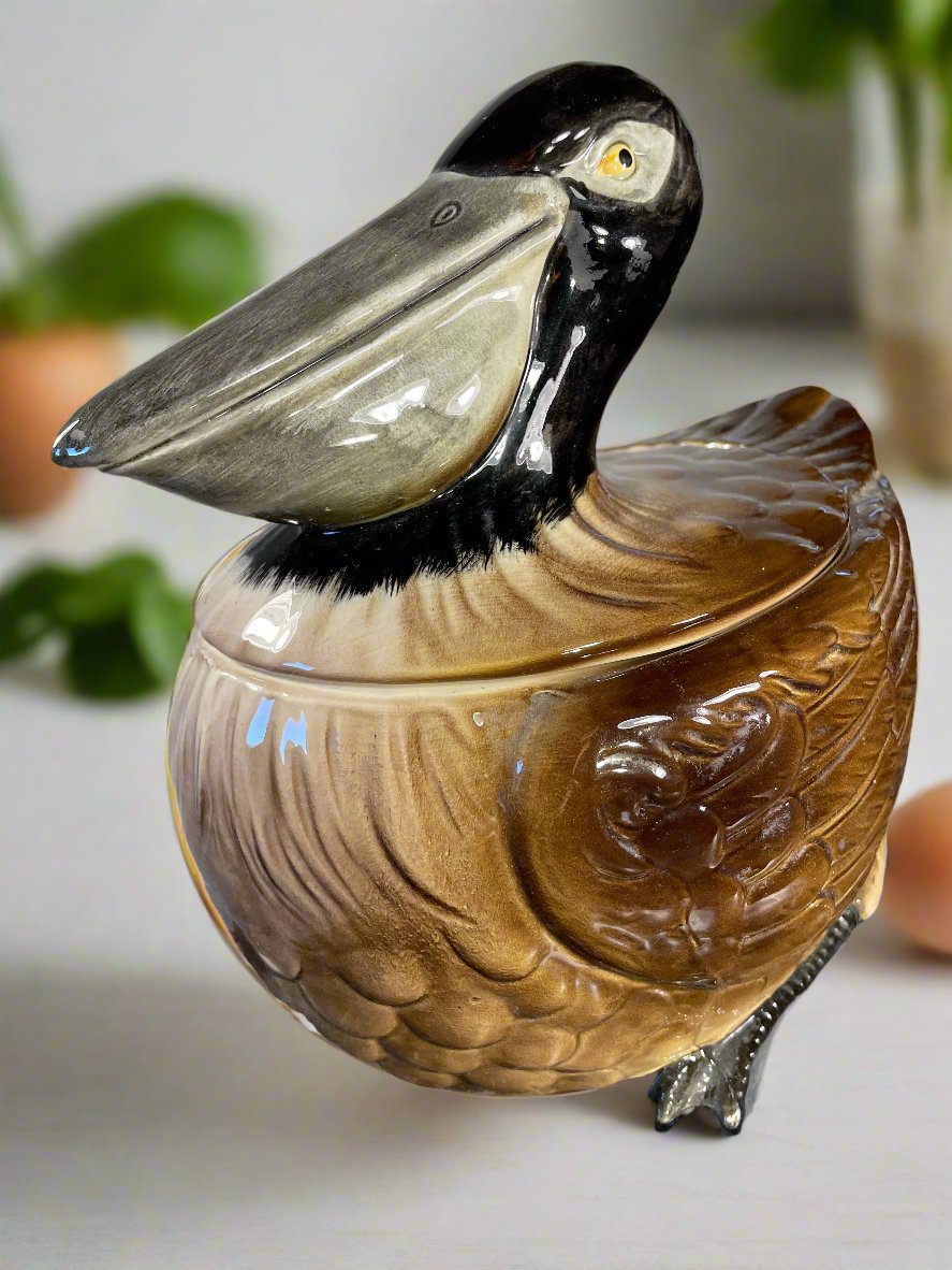 Vintage Hand-Painted Pelican Ceramic Lidded Jar – Decorative Tureen