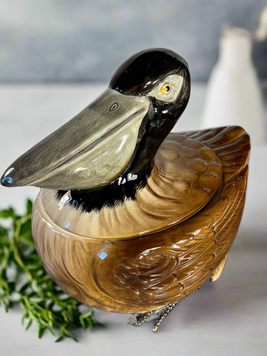 Vintage Hand-Painted Pelican Ceramic Lidded Jar – Decorative Tureen