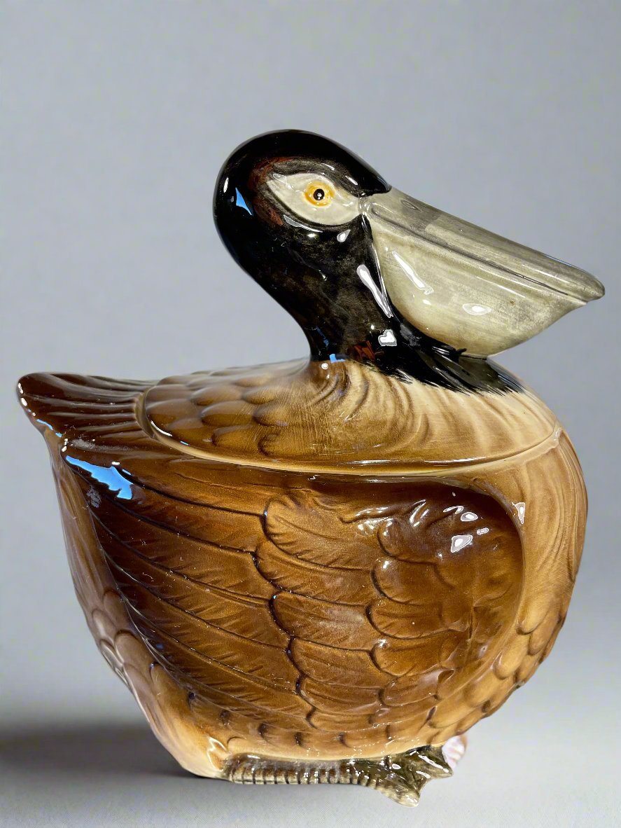 Vintage Hand-Painted Pelican Ceramic Lidded Jar – Decorative Tureen
