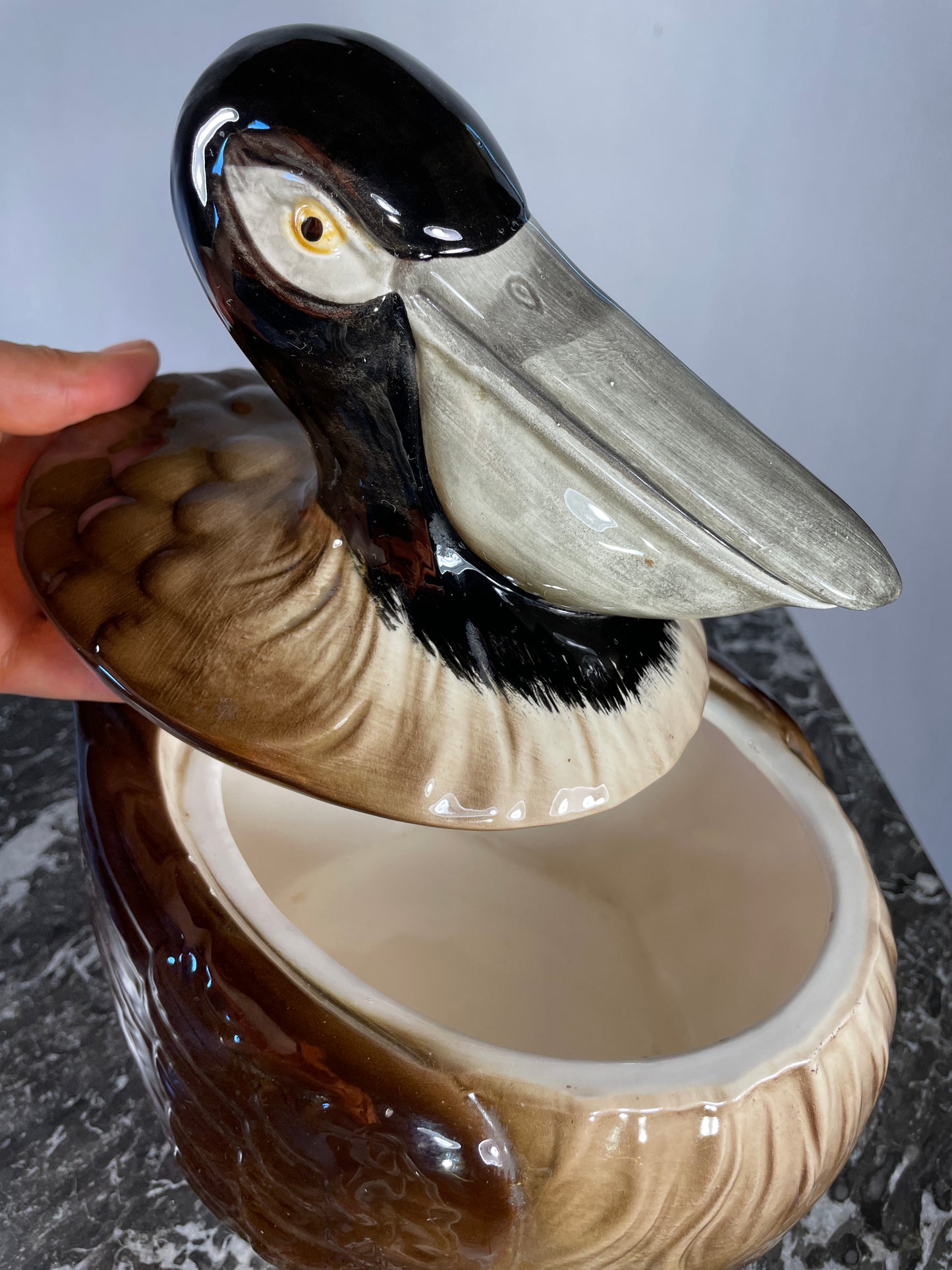 Vintage Hand-Painted Pelican Ceramic Lidded Jar – Decorative Tureen
