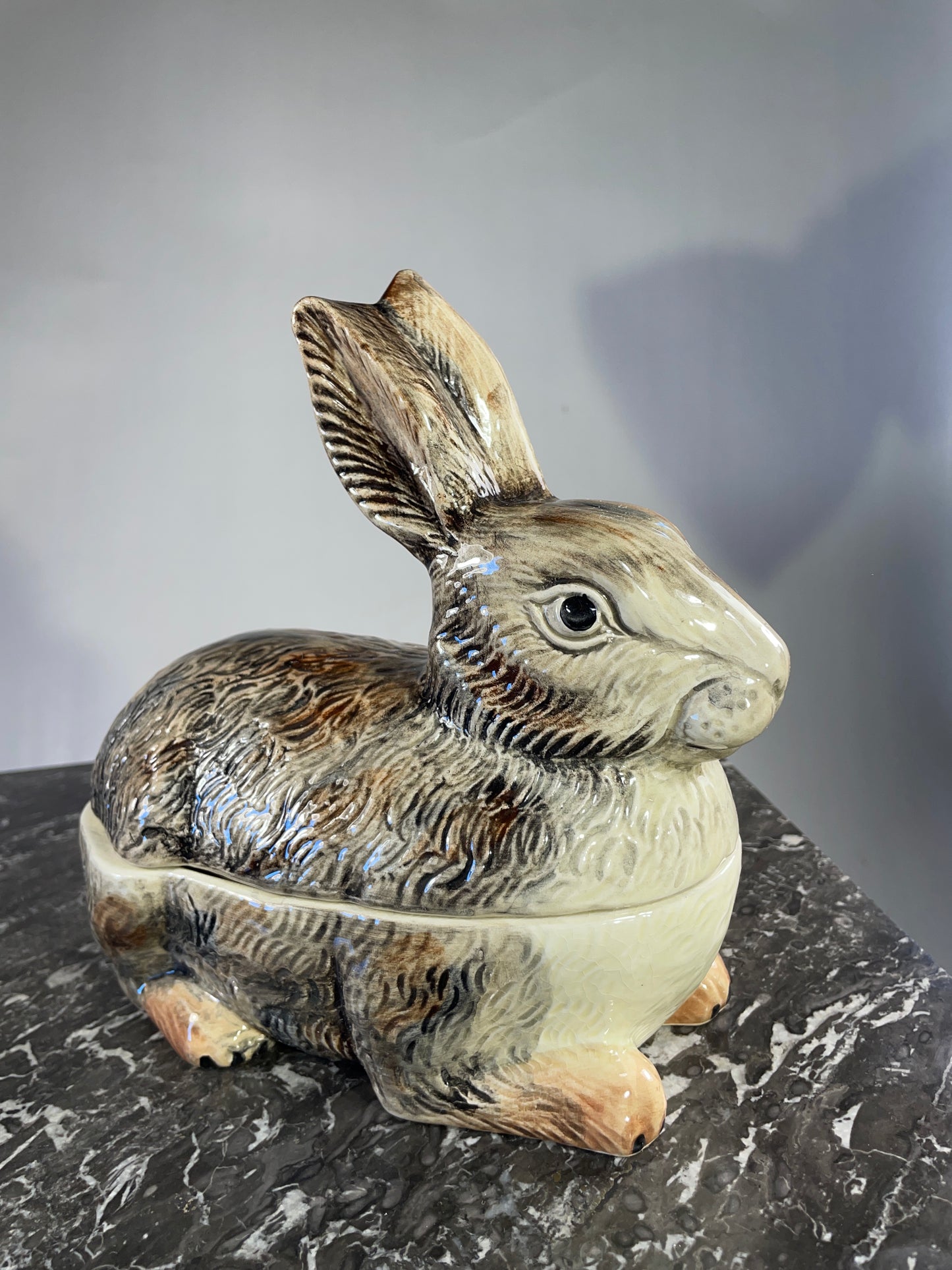 Vintage Michel Caugant Rabbit Terrine - Hand-Painted French Faience Collectible