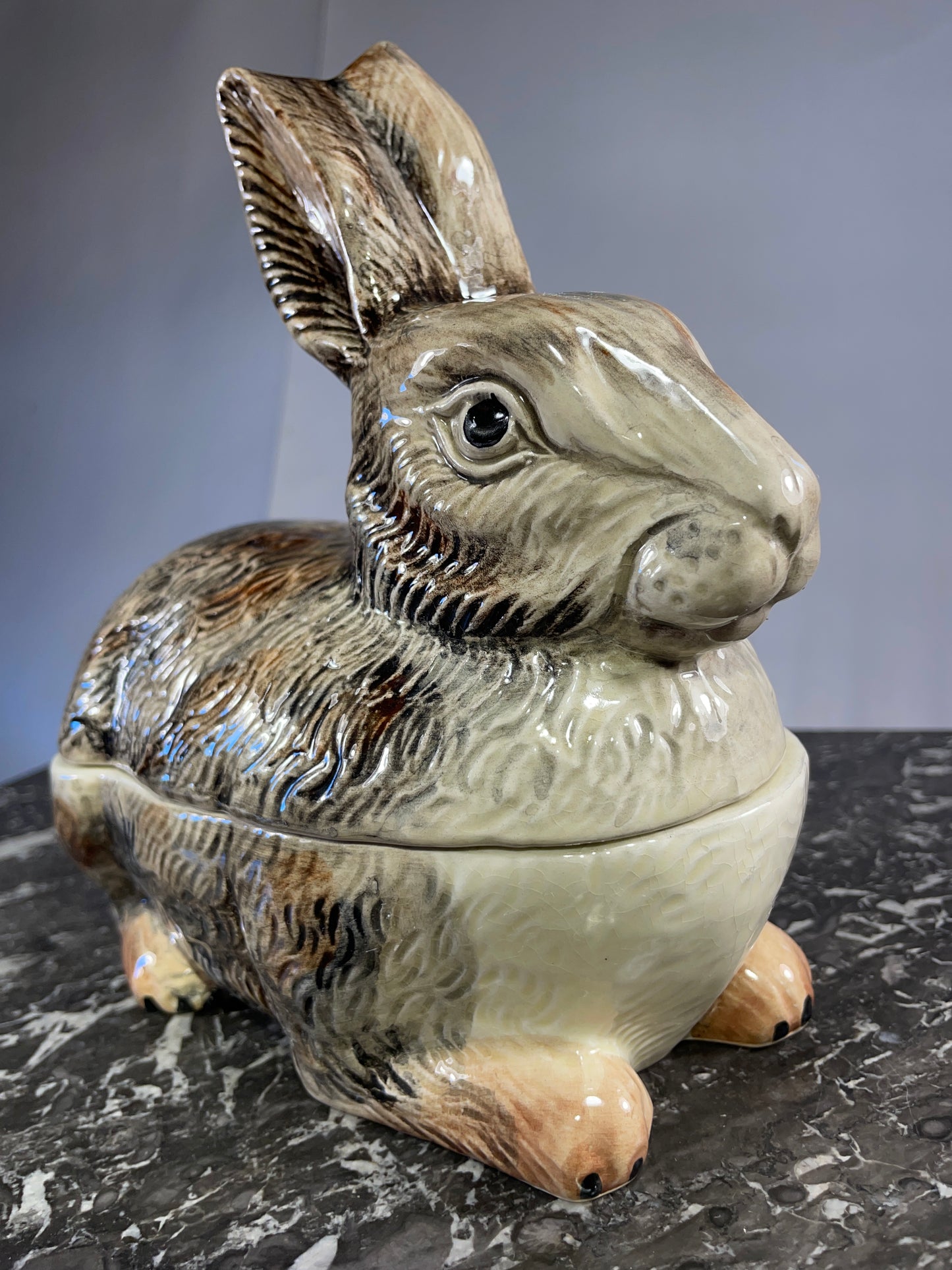Vintage Michel Caugant Rabbit Terrine - Hand-Painted French Faience Collectible