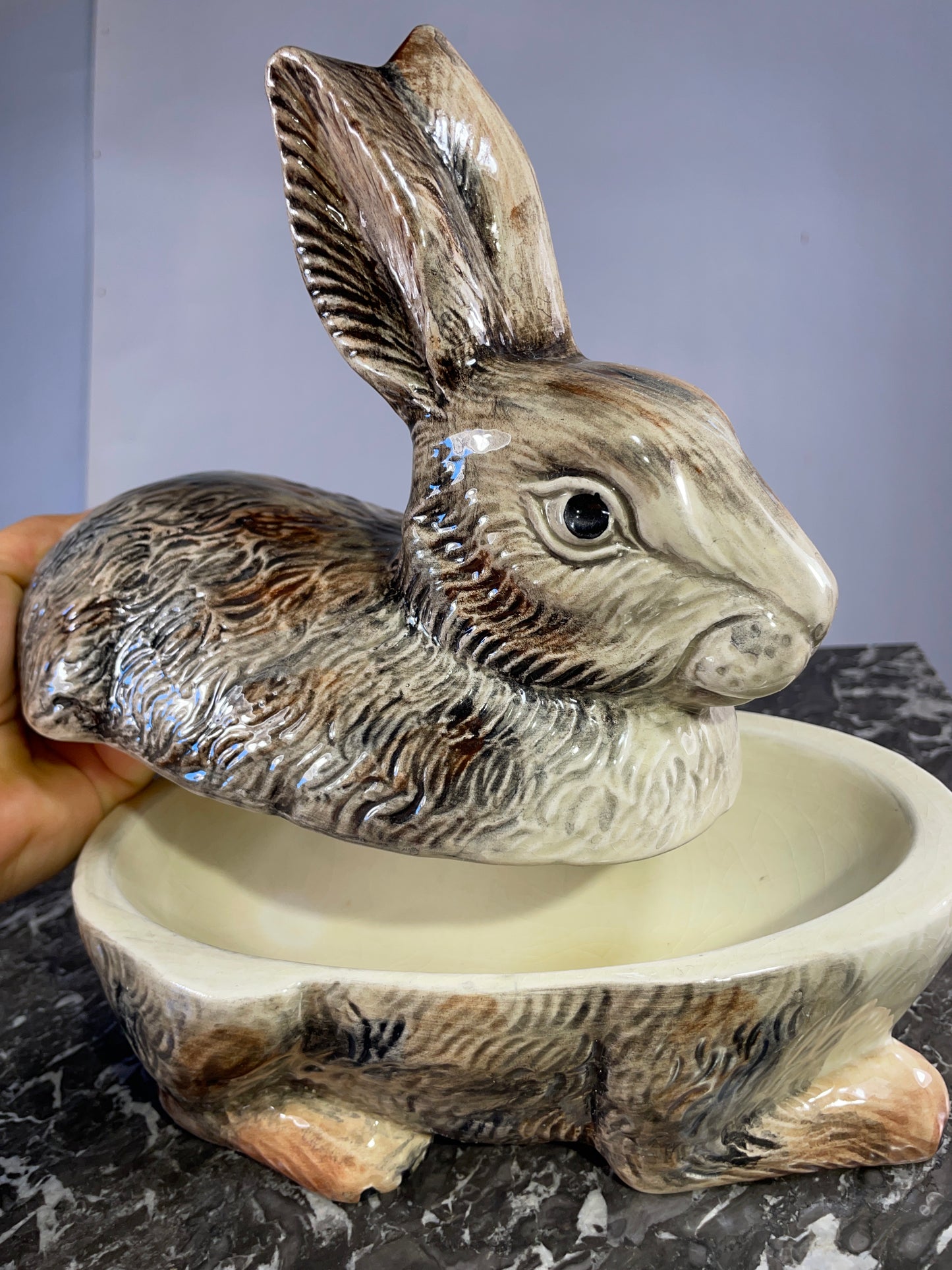 Vintage Michel Caugant Rabbit Terrine - Hand-Painted French Faience Collectible