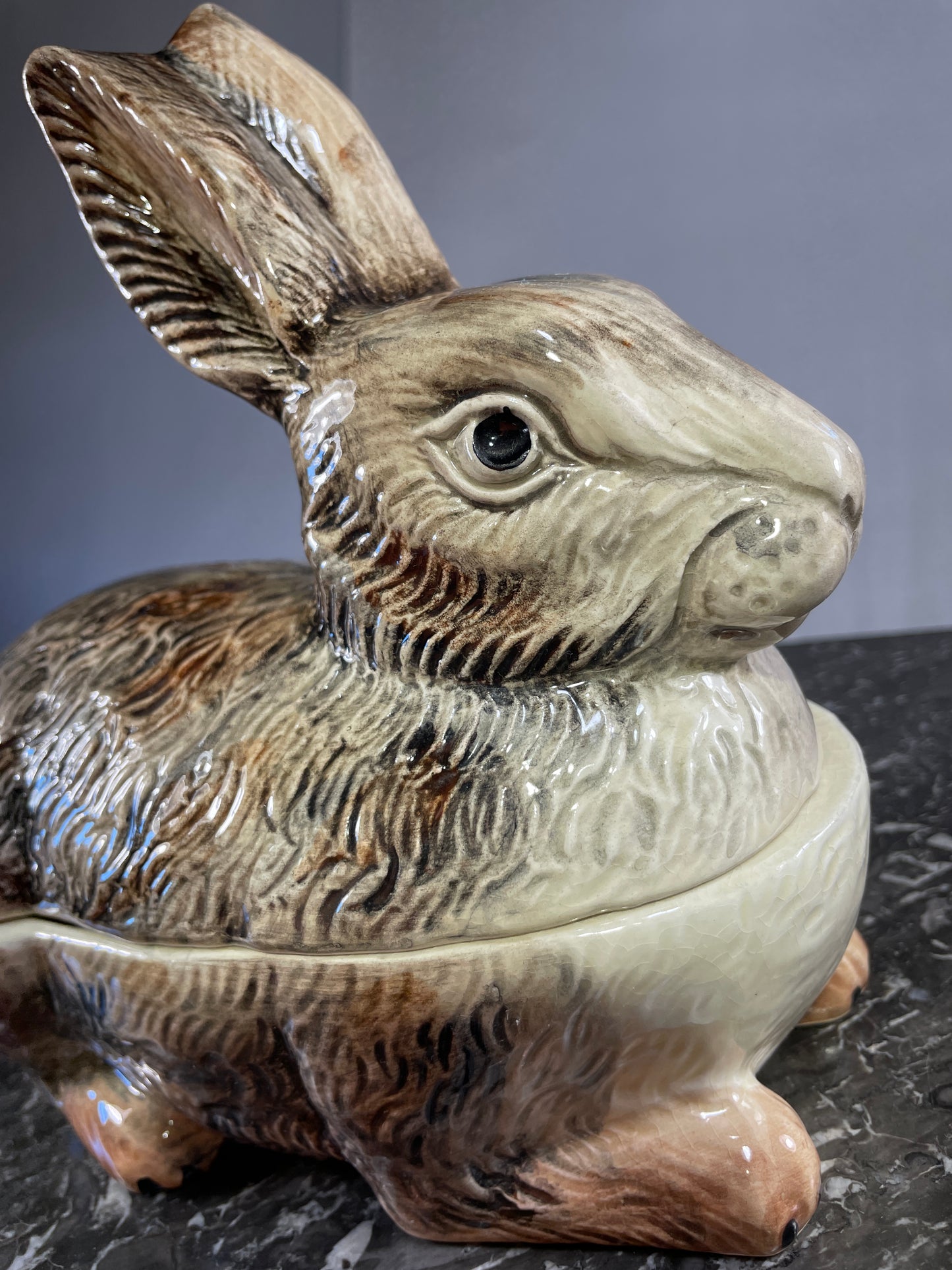 Vintage Michel Caugant Rabbit Terrine - Hand-Painted French Faience Collectible