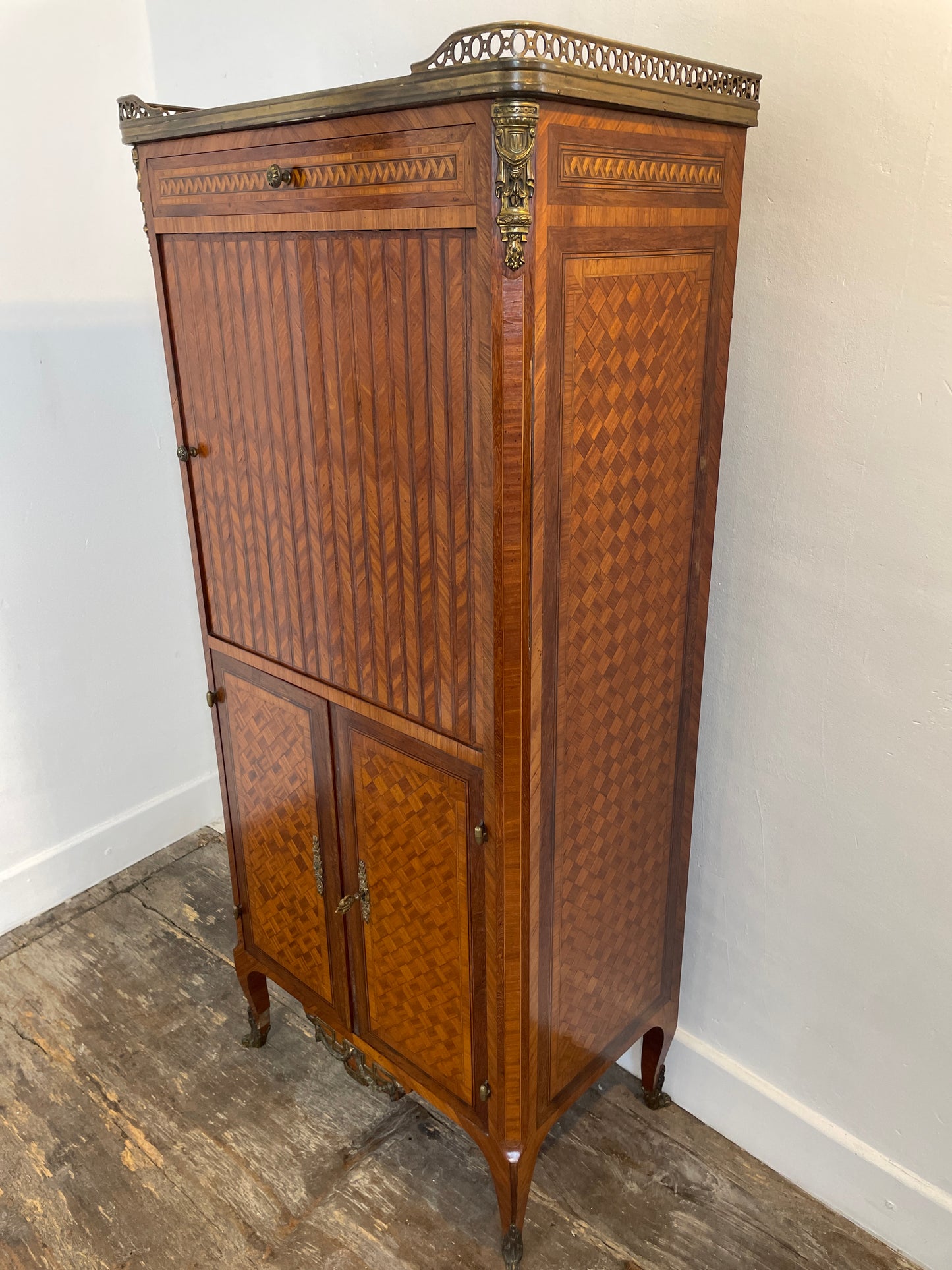 Exquisite Louis XVI-Style Marquetry Cabinet with Brass Gallery and Marble Top
