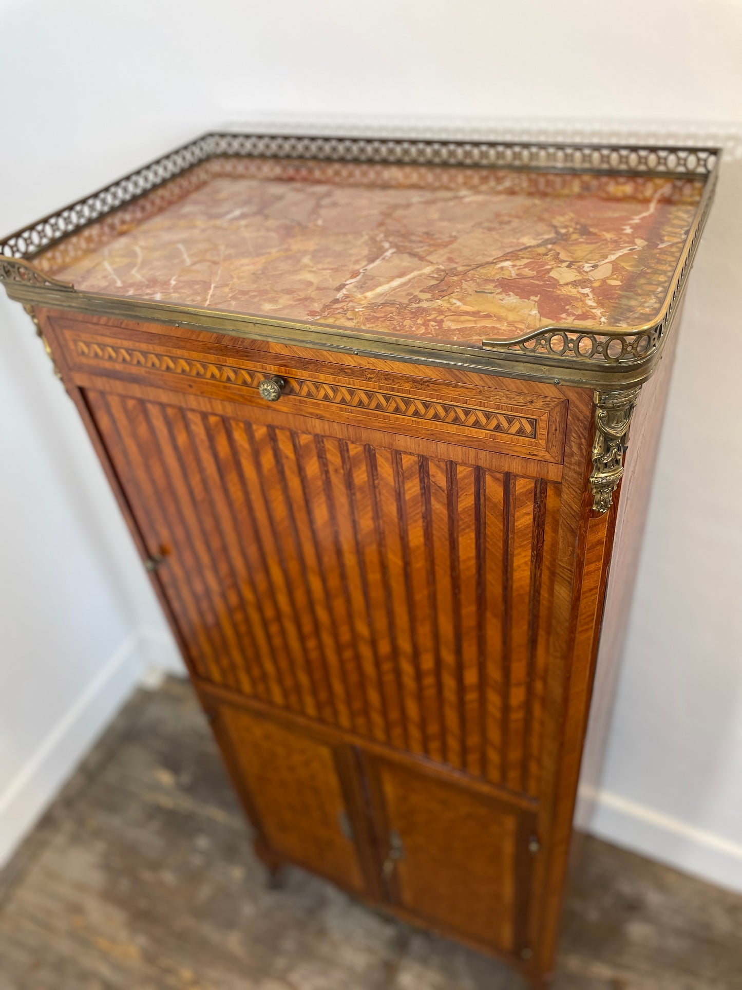 Exquisite Louis XVI-Style Marquetry Cabinet with Brass Gallery and Marble Top