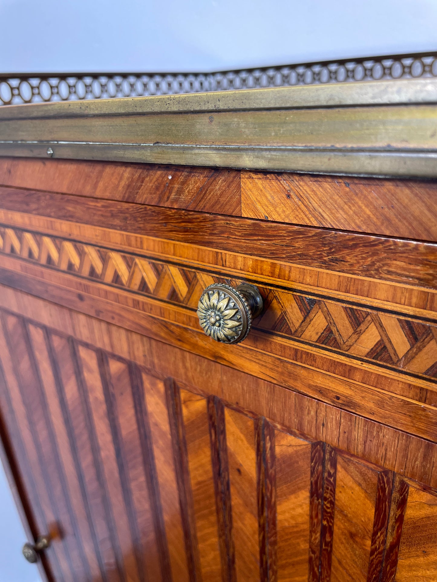 Exquisite Louis XVI-Style Marquetry Cabinet with Brass Gallery and Marble Top