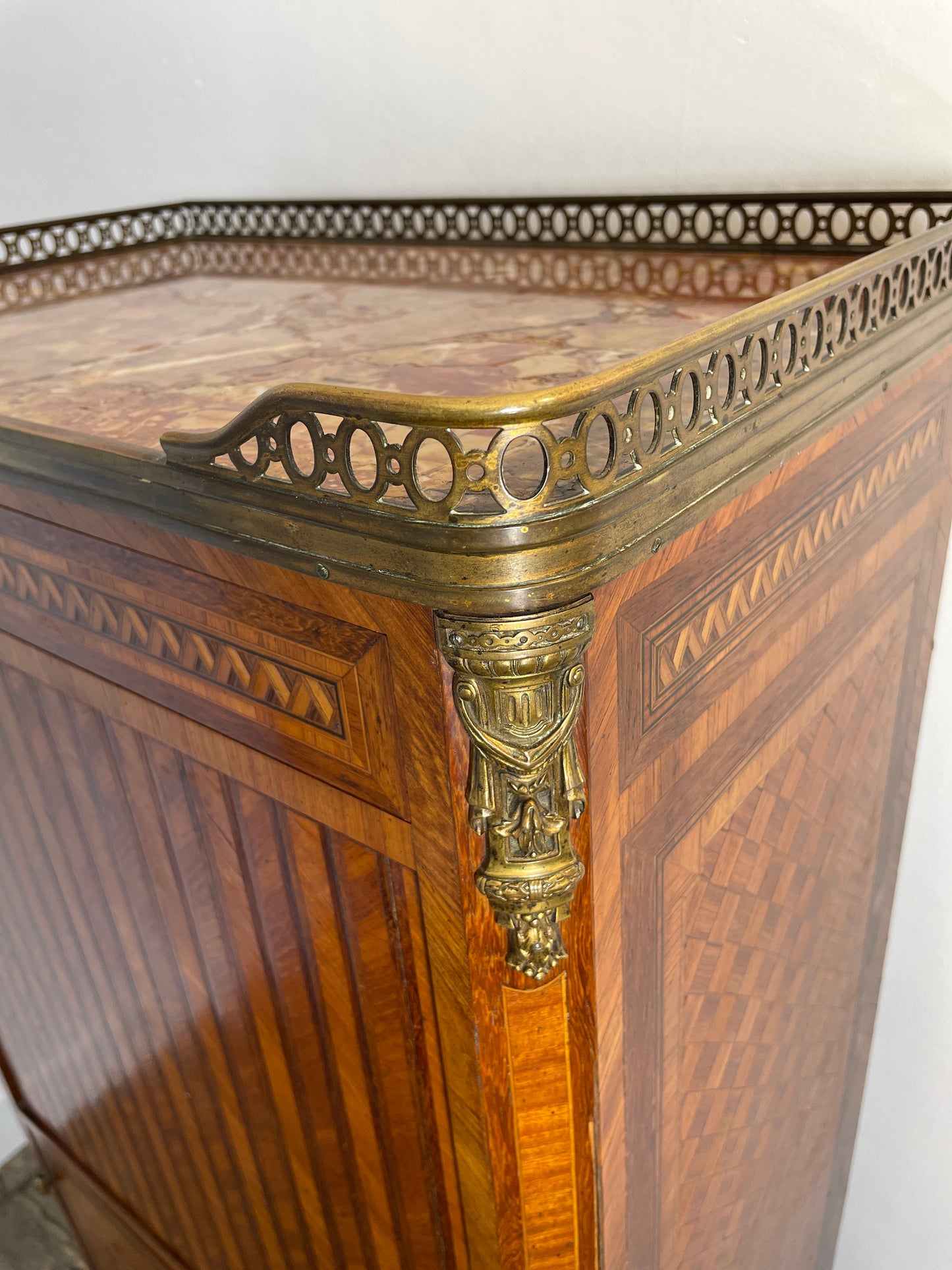 Exquisite Louis XVI-Style Marquetry Cabinet with Brass Gallery and Marble Top