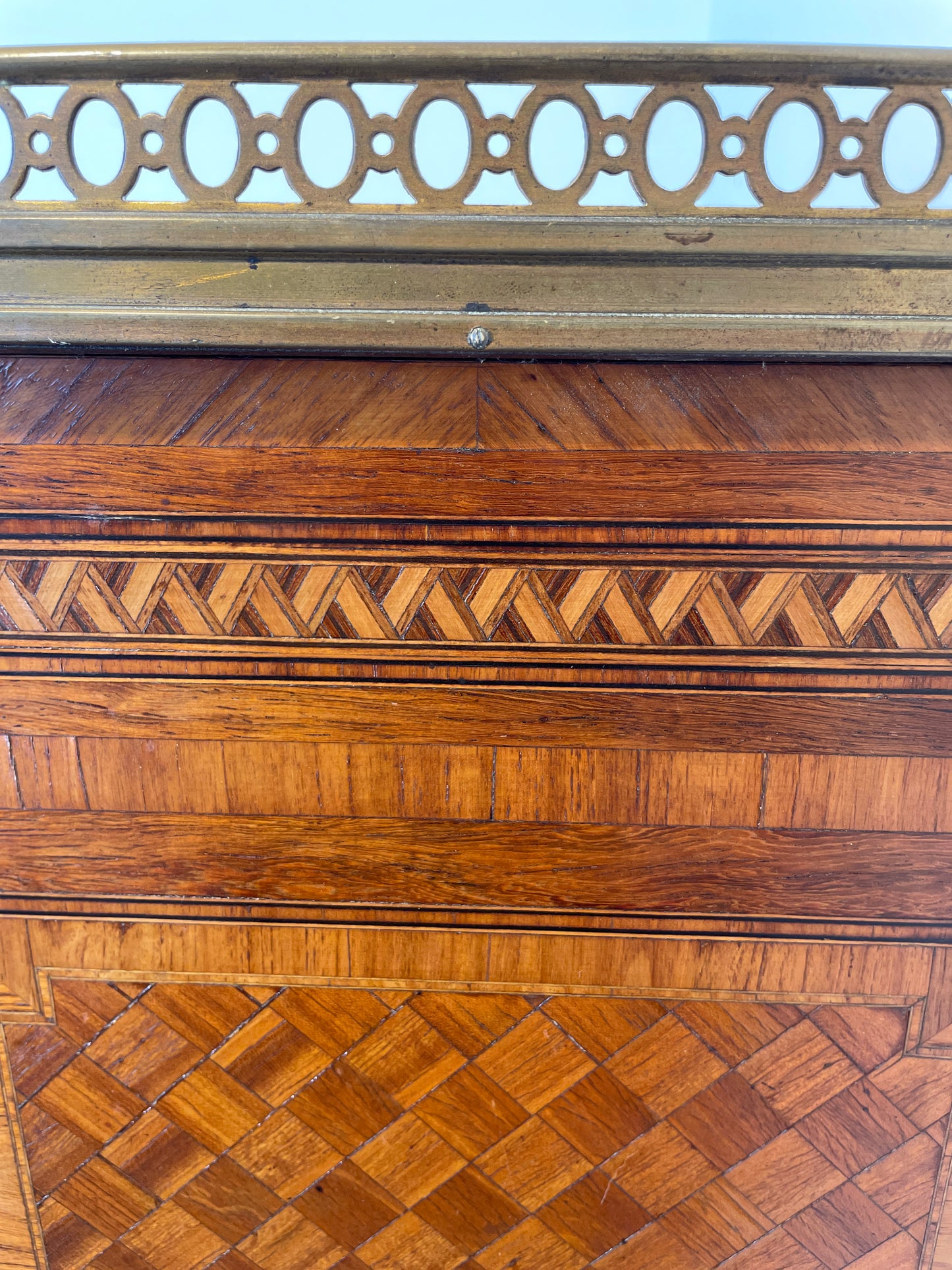 Exquisite Louis XVI-Style Marquetry Cabinet with Brass Gallery and Marble Top