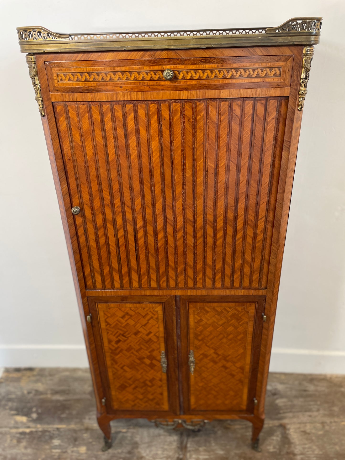 Exquisite Louis XVI-Style Marquetry Cabinet with Brass Gallery and Marble Top