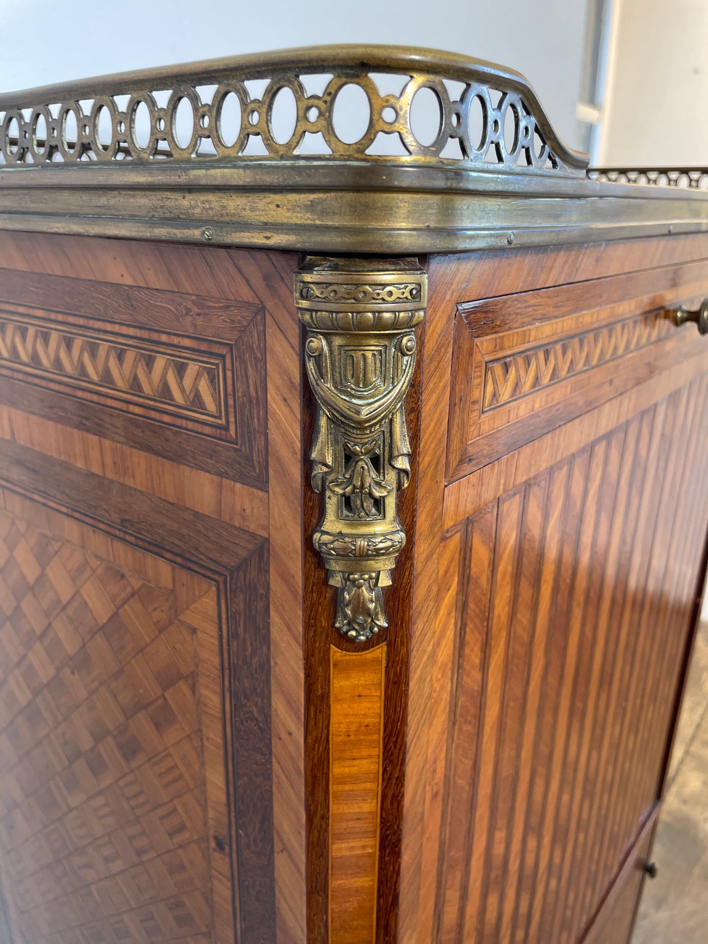 Exquisite Louis XVI-Style Marquetry Cabinet with Brass Gallery and Marble Top