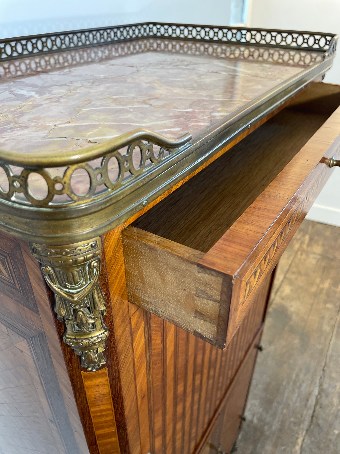 Exquisite Louis XVI-Style Marquetry Cabinet with Brass Gallery and Marble Top