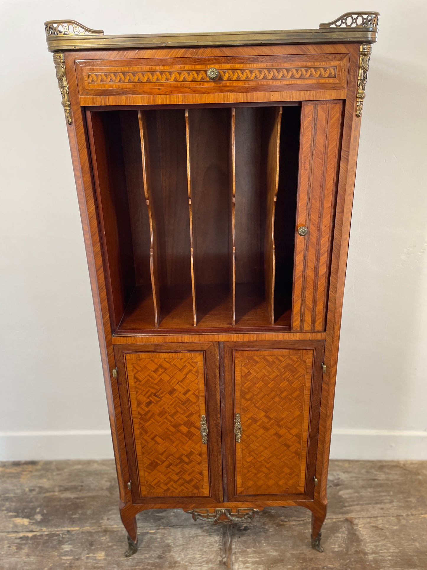 Exquisite Louis XVI-Style Marquetry Cabinet with Brass Gallery and Marble Top