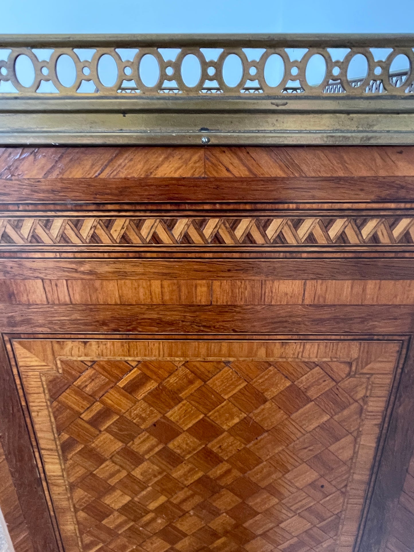 Exquisite Louis XVI-Style Marquetry Cabinet with Brass Gallery and Marble Top