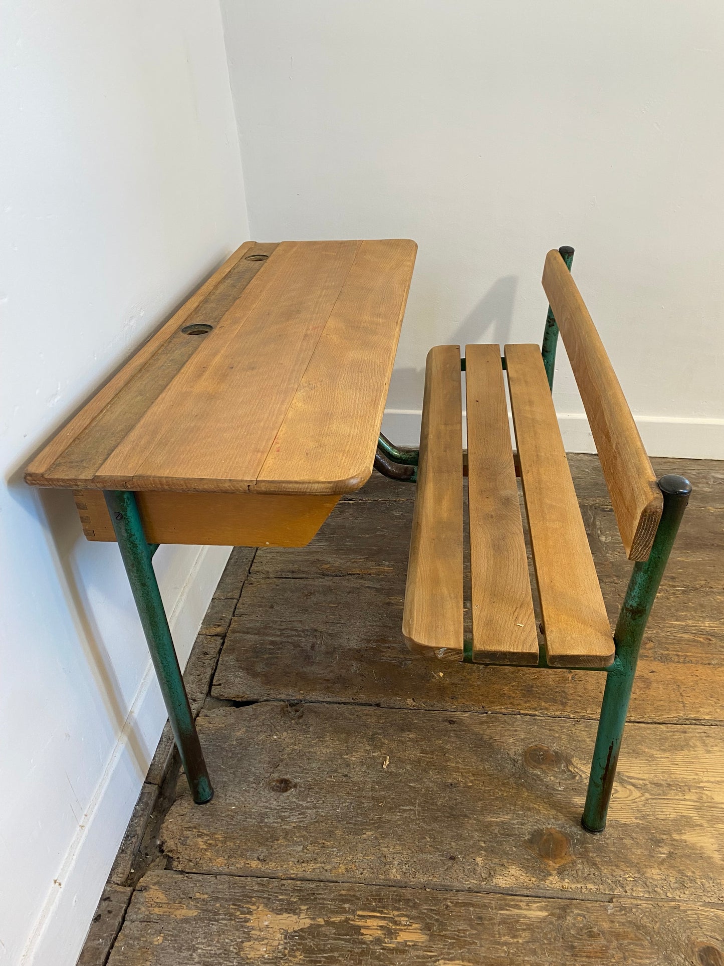 Vintage French School Desk by Delagrave – Wood & Metal Bench, Patina