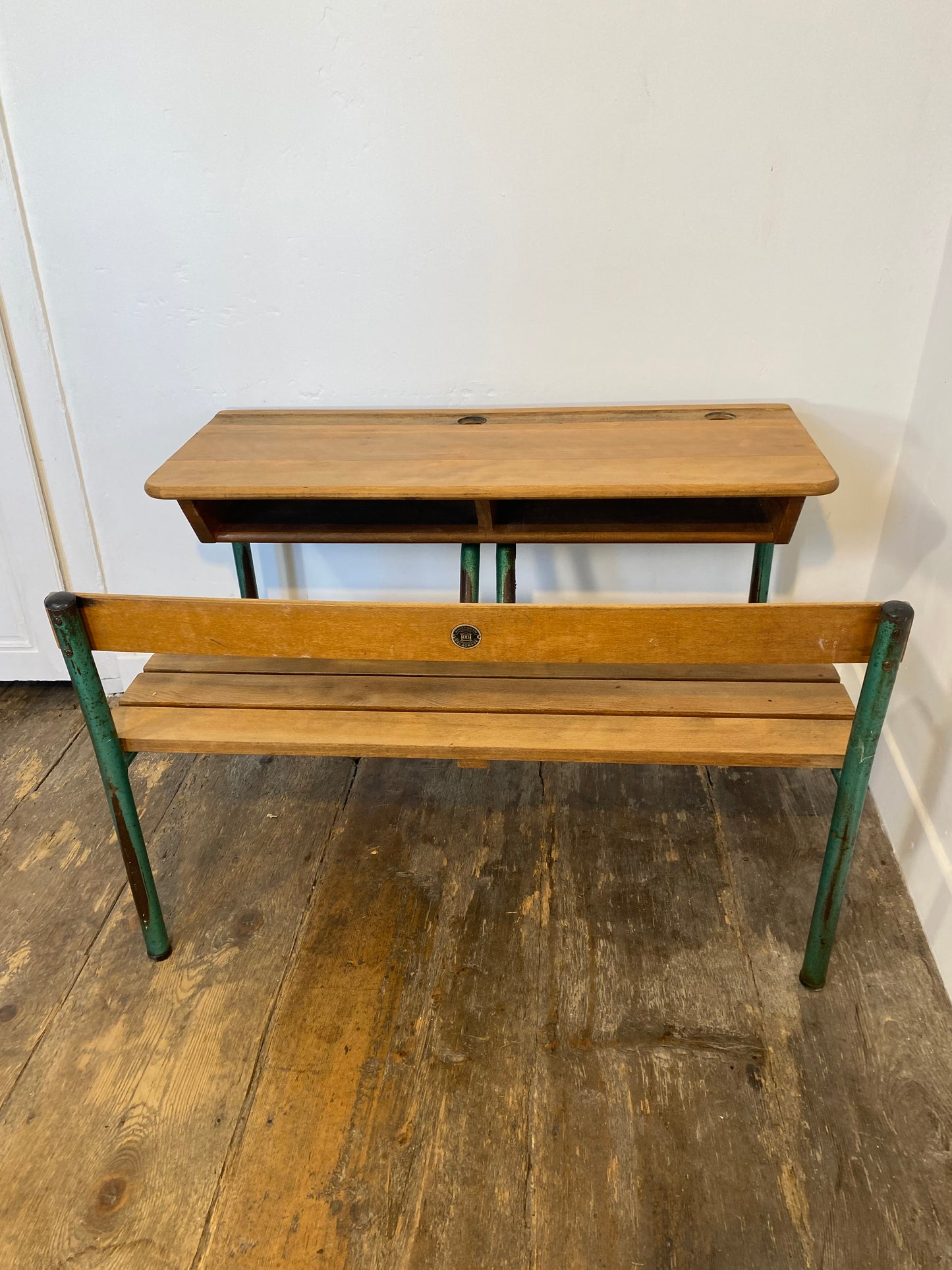 Vintage French School Desk by Delagrave – Wood & Metal Bench, Patina