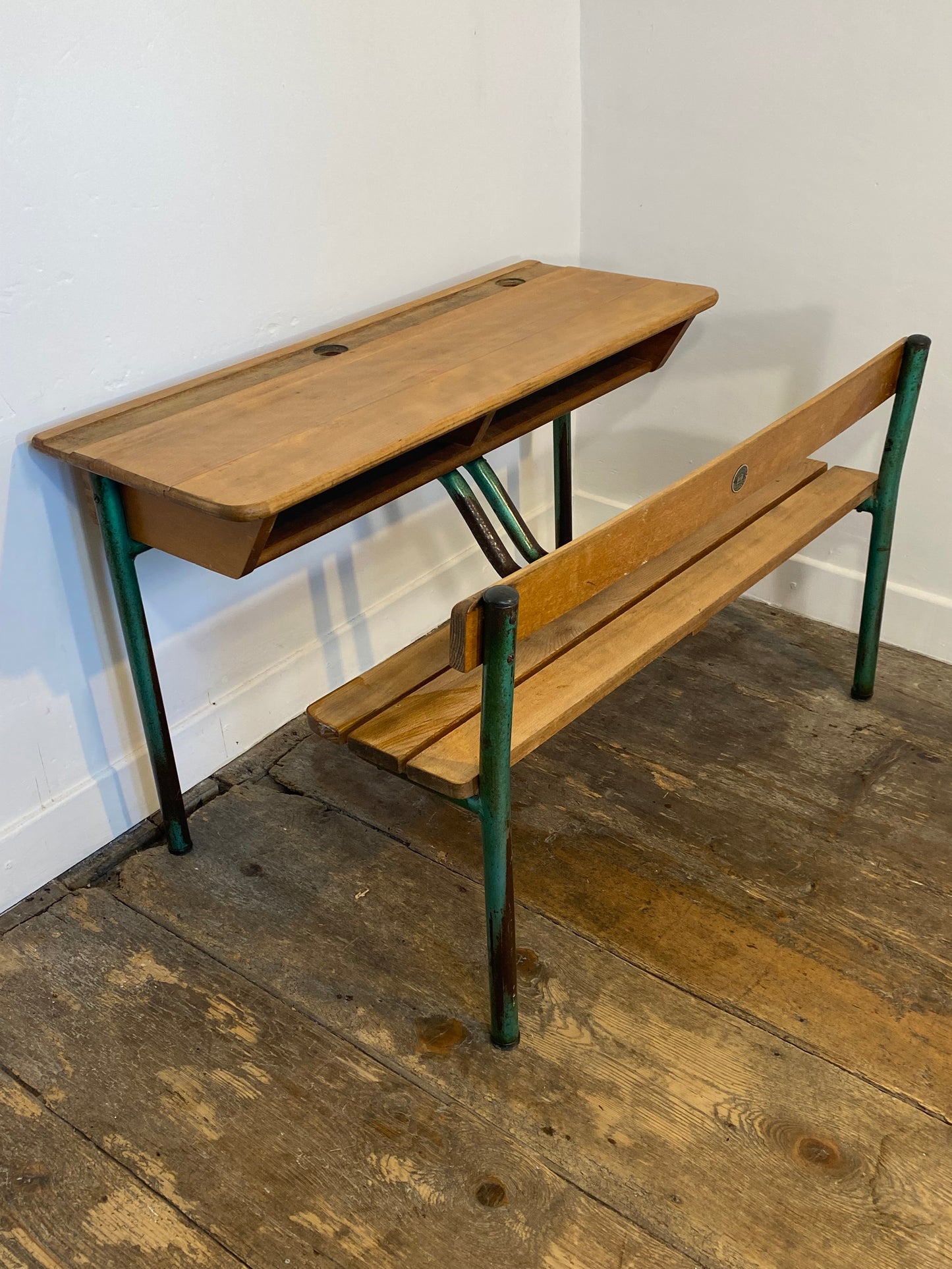 Vintage French School Desk by Delagrave – Wood & Metal Bench, Patina