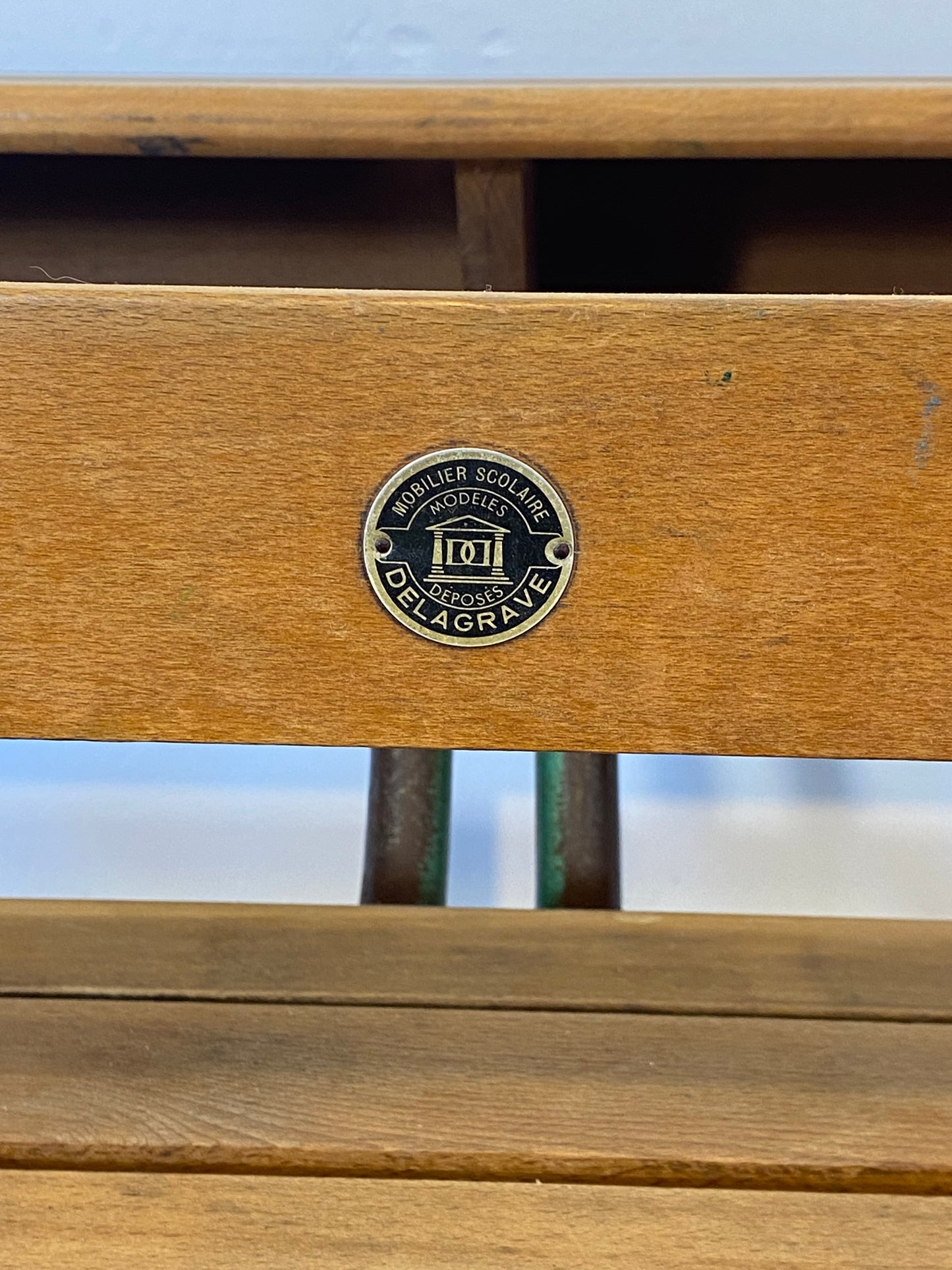 Vintage French School Desk by Delagrave – Wood & Metal Bench, Patina