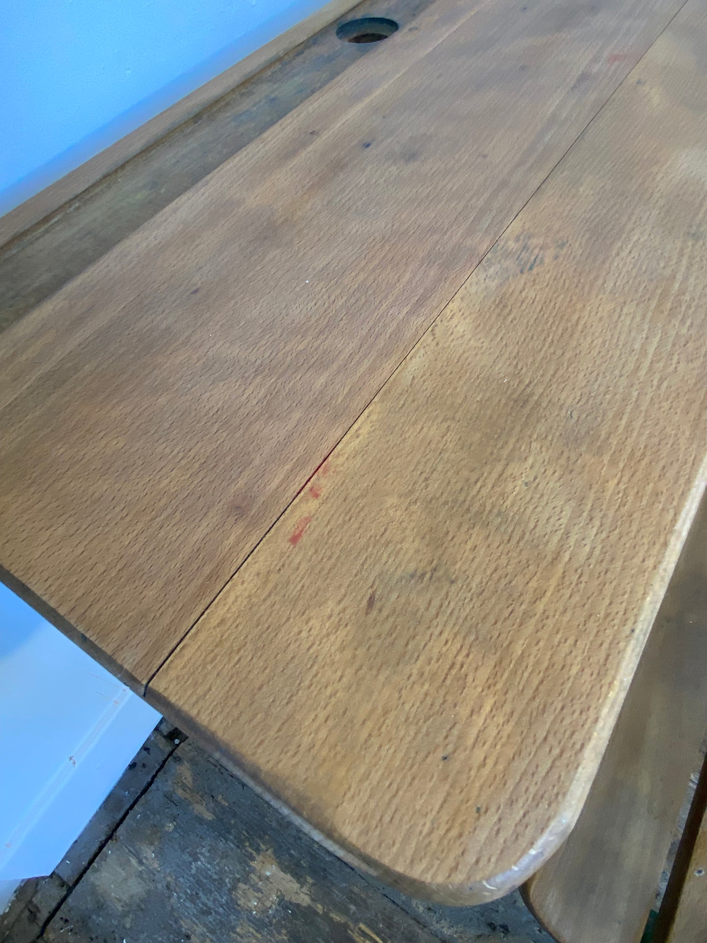Vintage French School Desk by Delagrave – Wood & Metal Bench, Patina