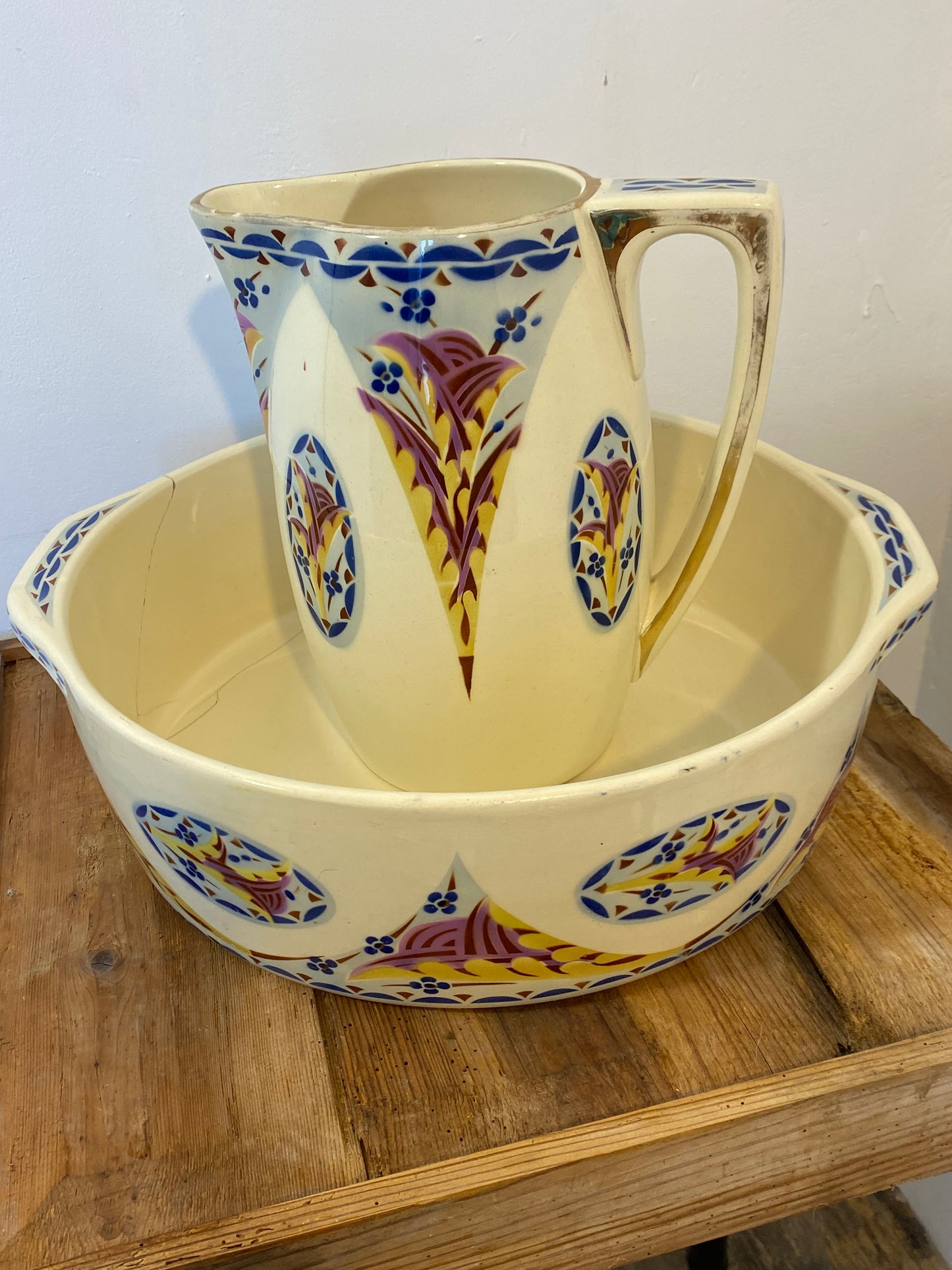 Vintage French Saint-Amand Art Deco Pitcher & Basin – Hand-Painted Floral