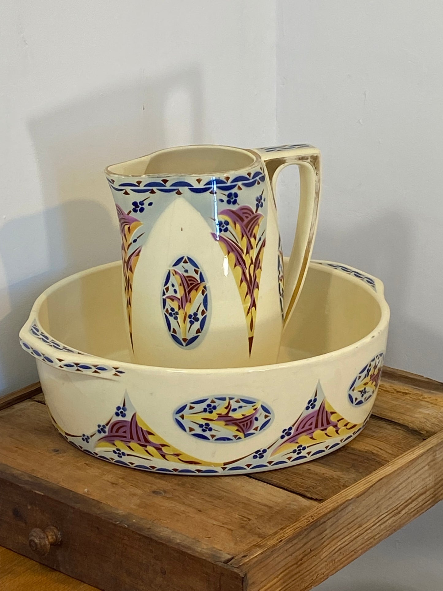 Vintage French Saint-Amand Art Deco Pitcher & Basin – Hand-Painted Floral