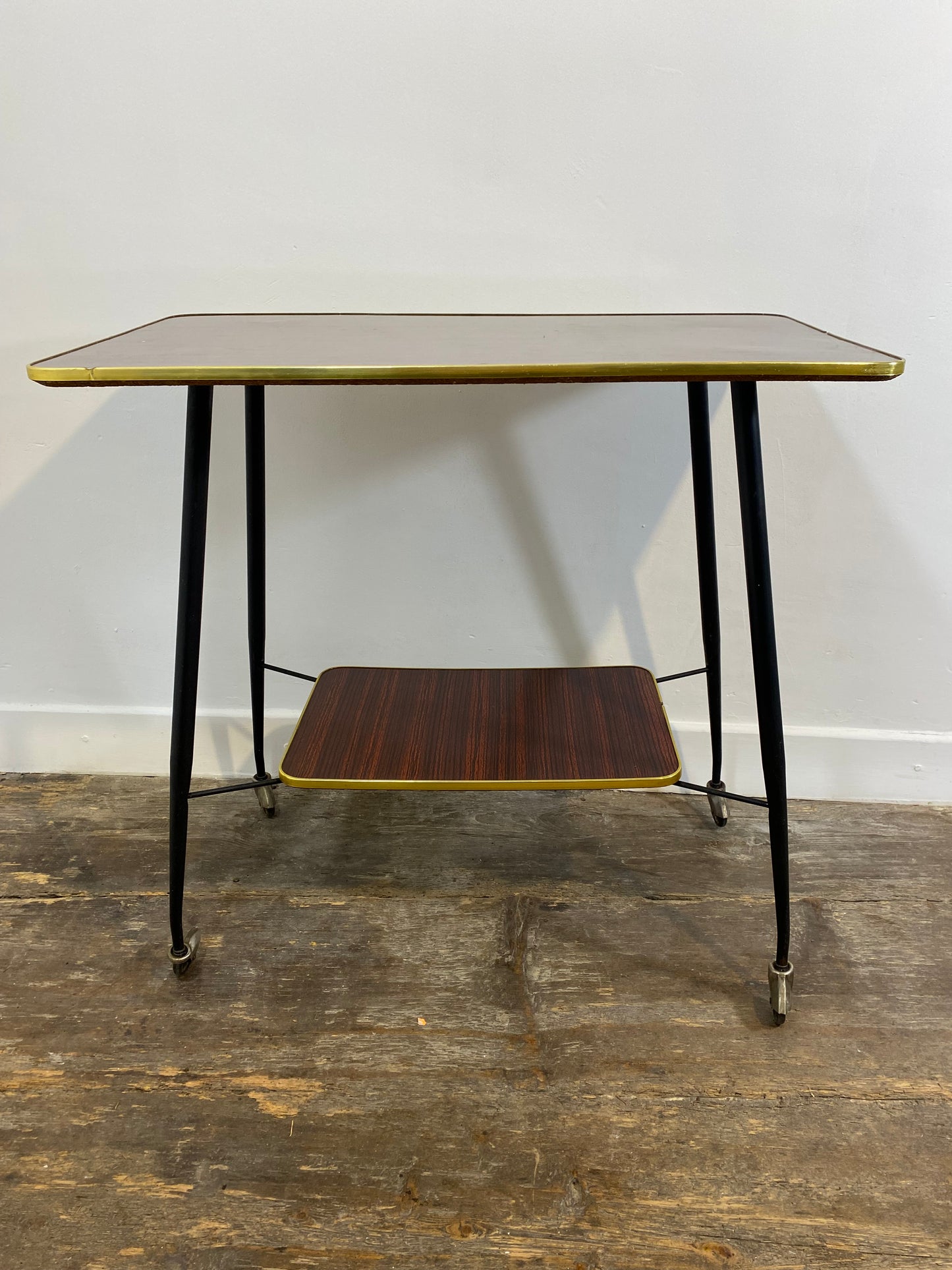 Vintage Mid-Century Modern Side Table – Brass Trim, Casters, 1950s