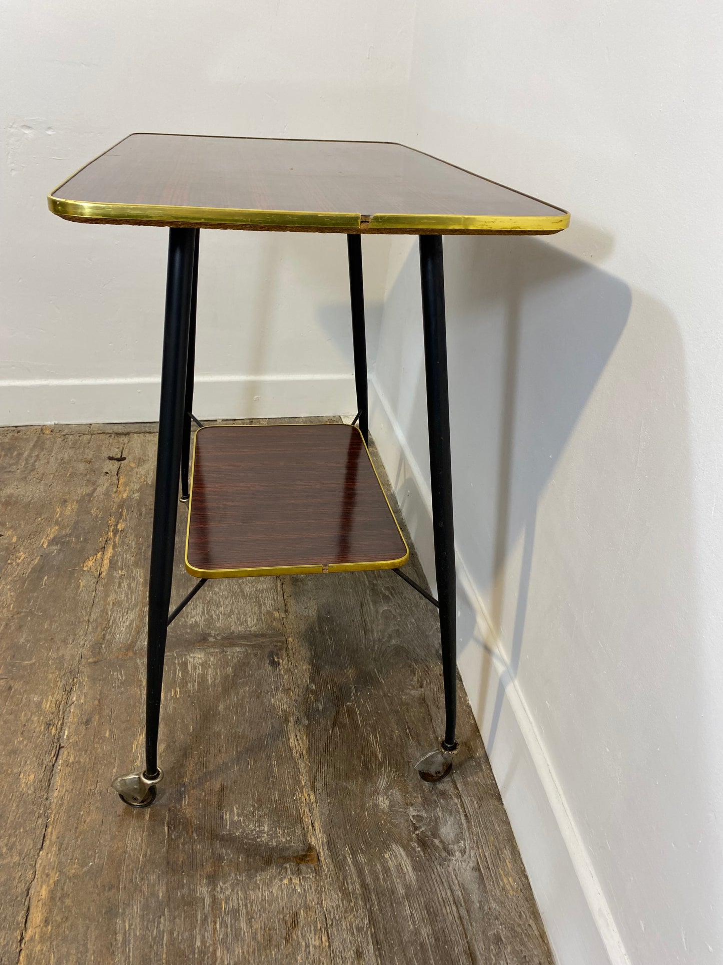 Vintage Mid-Century Modern Side Table – Brass Trim, Casters, 1950s