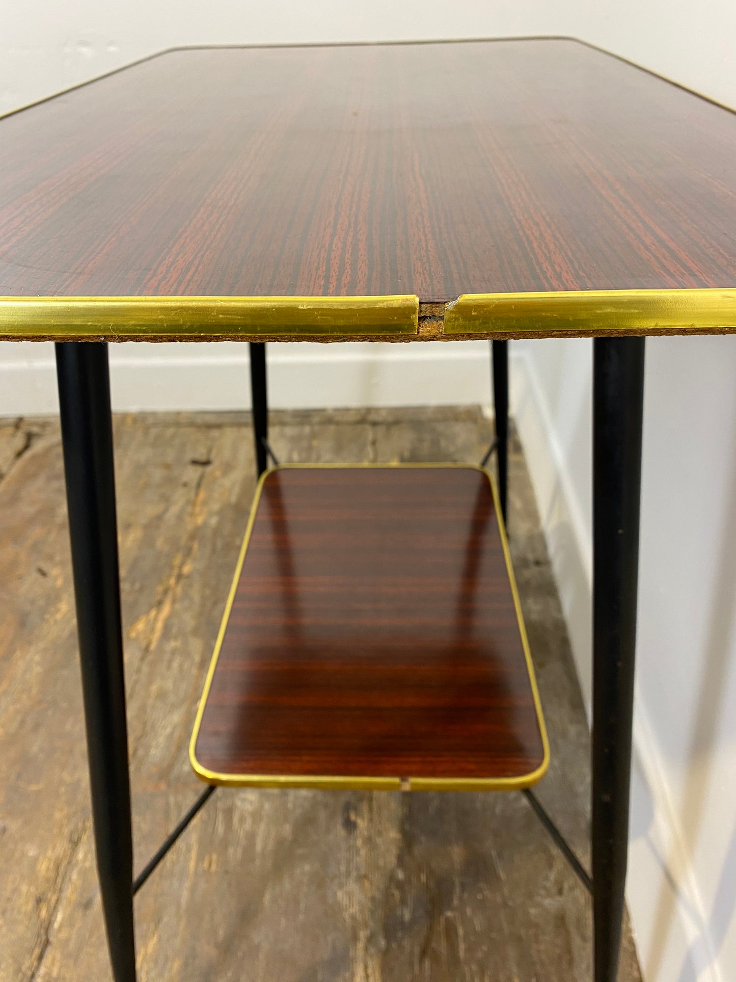 Vintage Mid-Century Modern Side Table – Brass Trim, Casters, 1950s