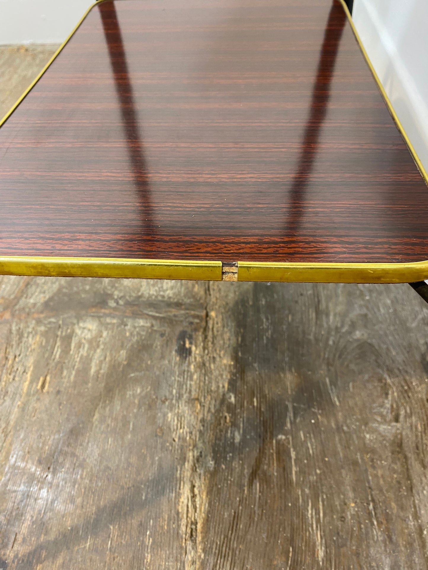 Vintage Mid-Century Modern Side Table – Brass Trim, Casters, 1950s