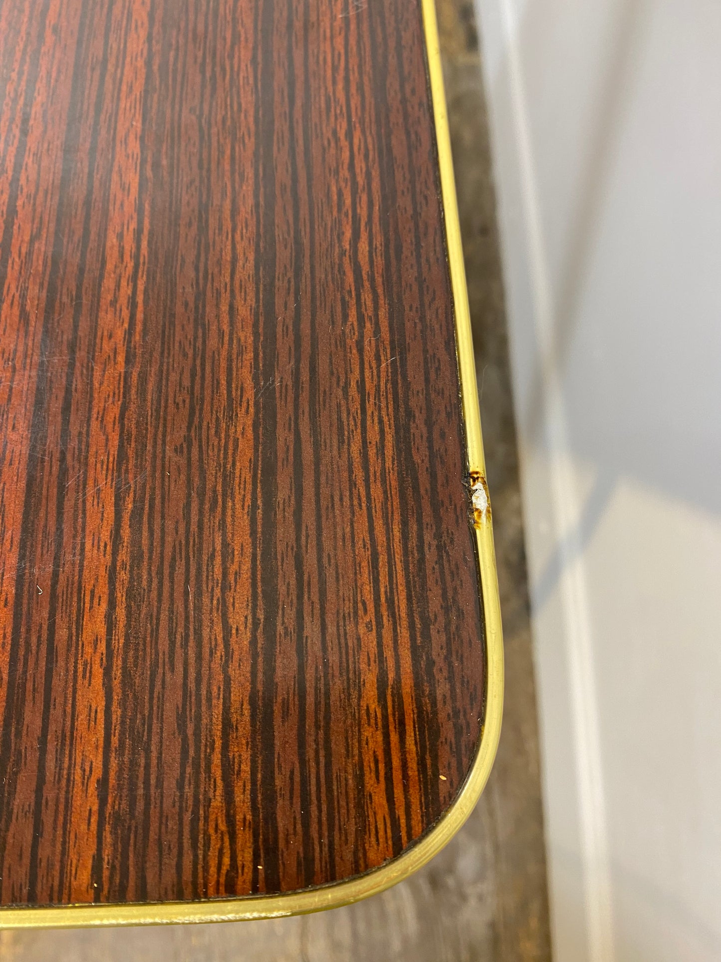 Vintage Mid-Century Modern Side Table – Brass Trim, Casters, 1950s