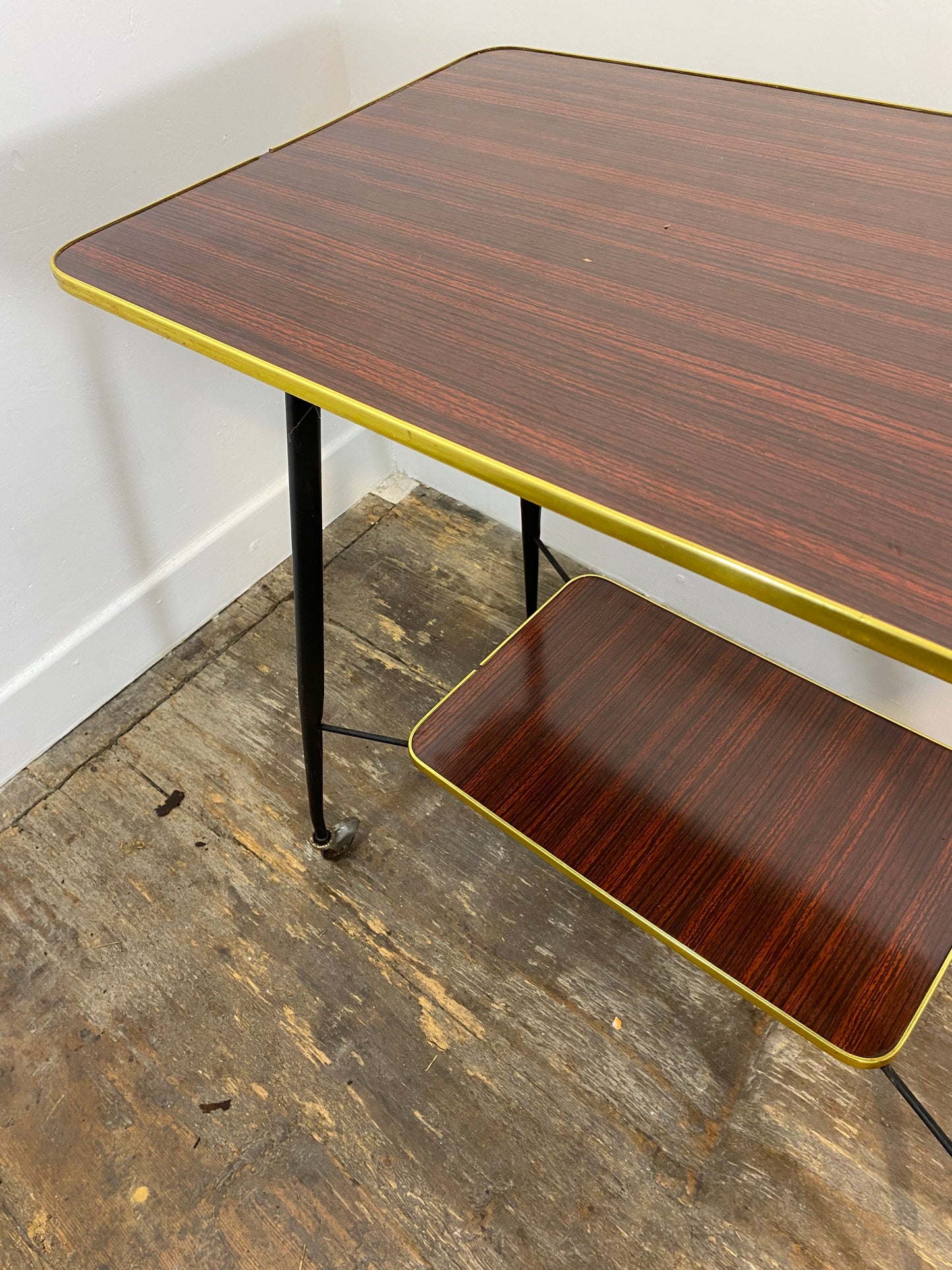 Vintage Mid-Century Modern Side Table – Brass Trim, Casters, 1950s