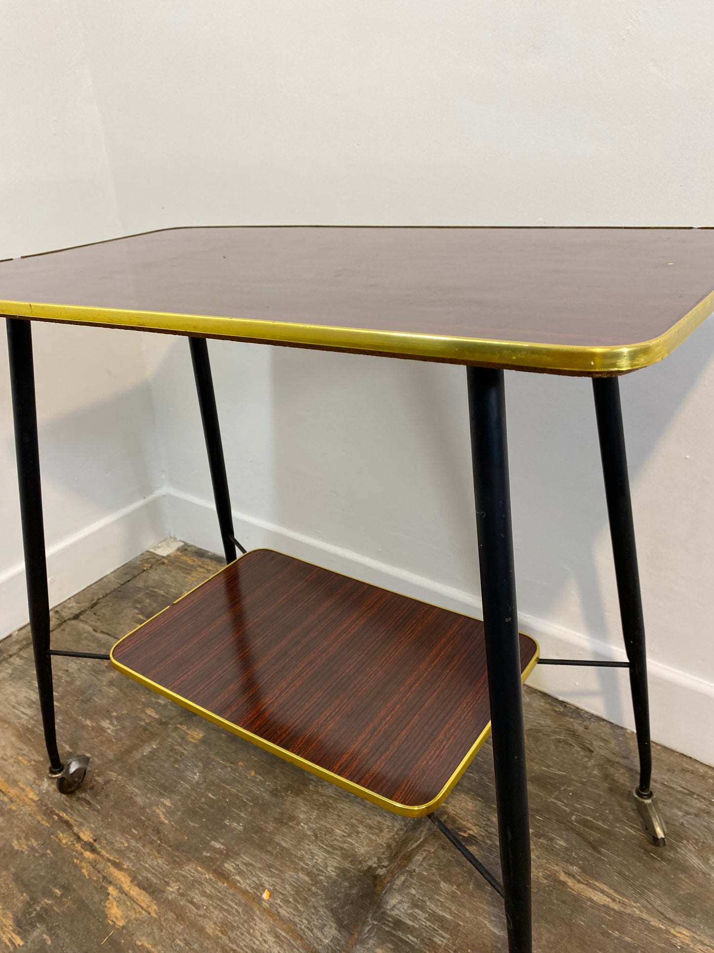 Vintage Mid-Century Modern Side Table – Brass Trim, Casters, 1950s