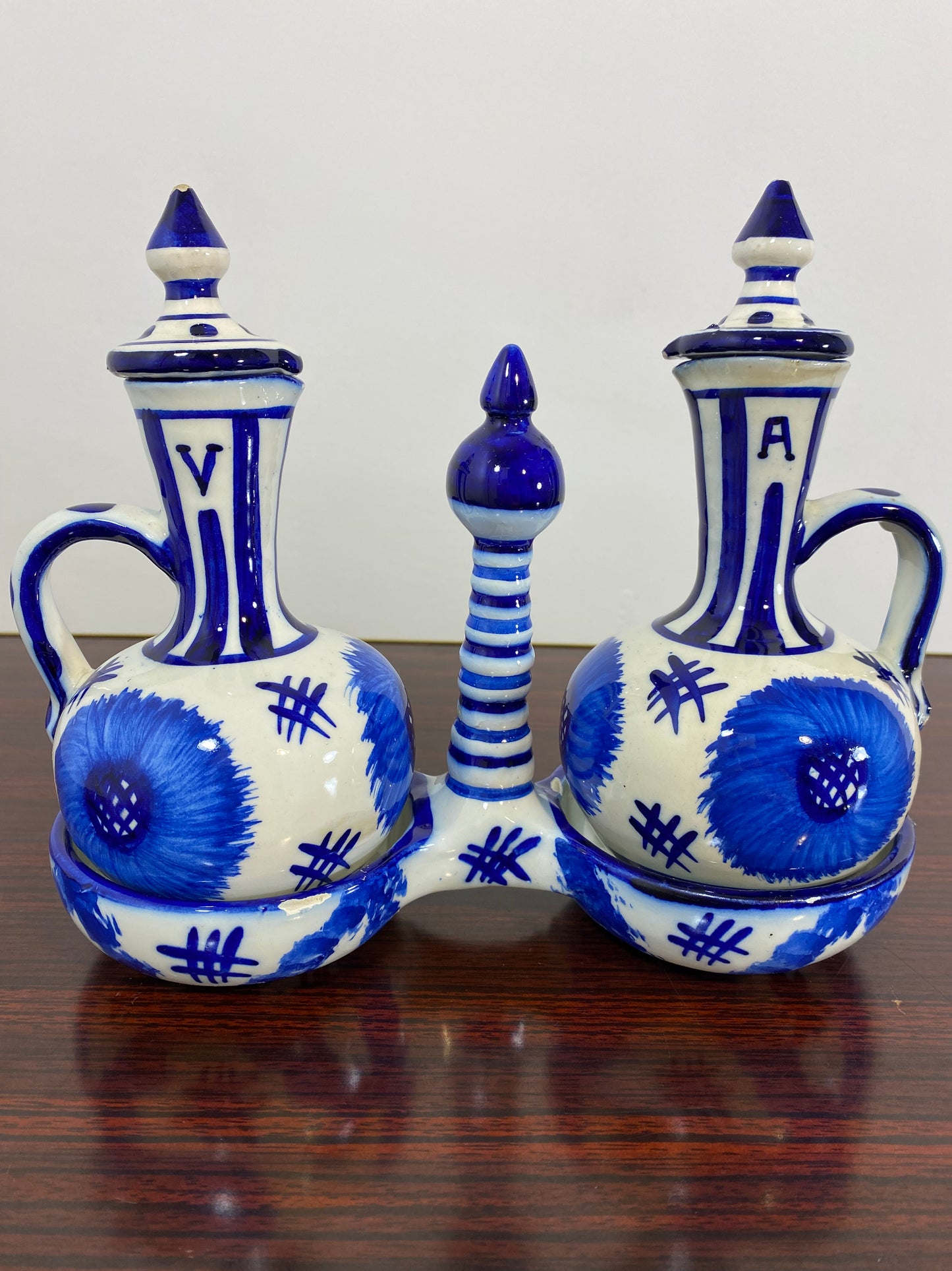 Vintage Hand-Painted Blue & White Ceramic Oil & Vinegar Cruet Set – Folk Art
