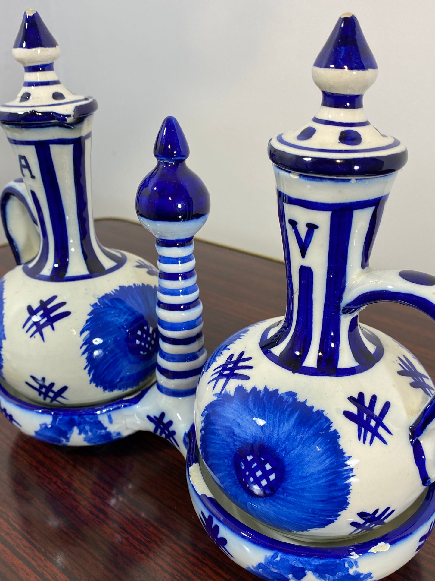 Vintage Hand-Painted Blue & White Ceramic Oil & Vinegar Cruet Set – Folk Art