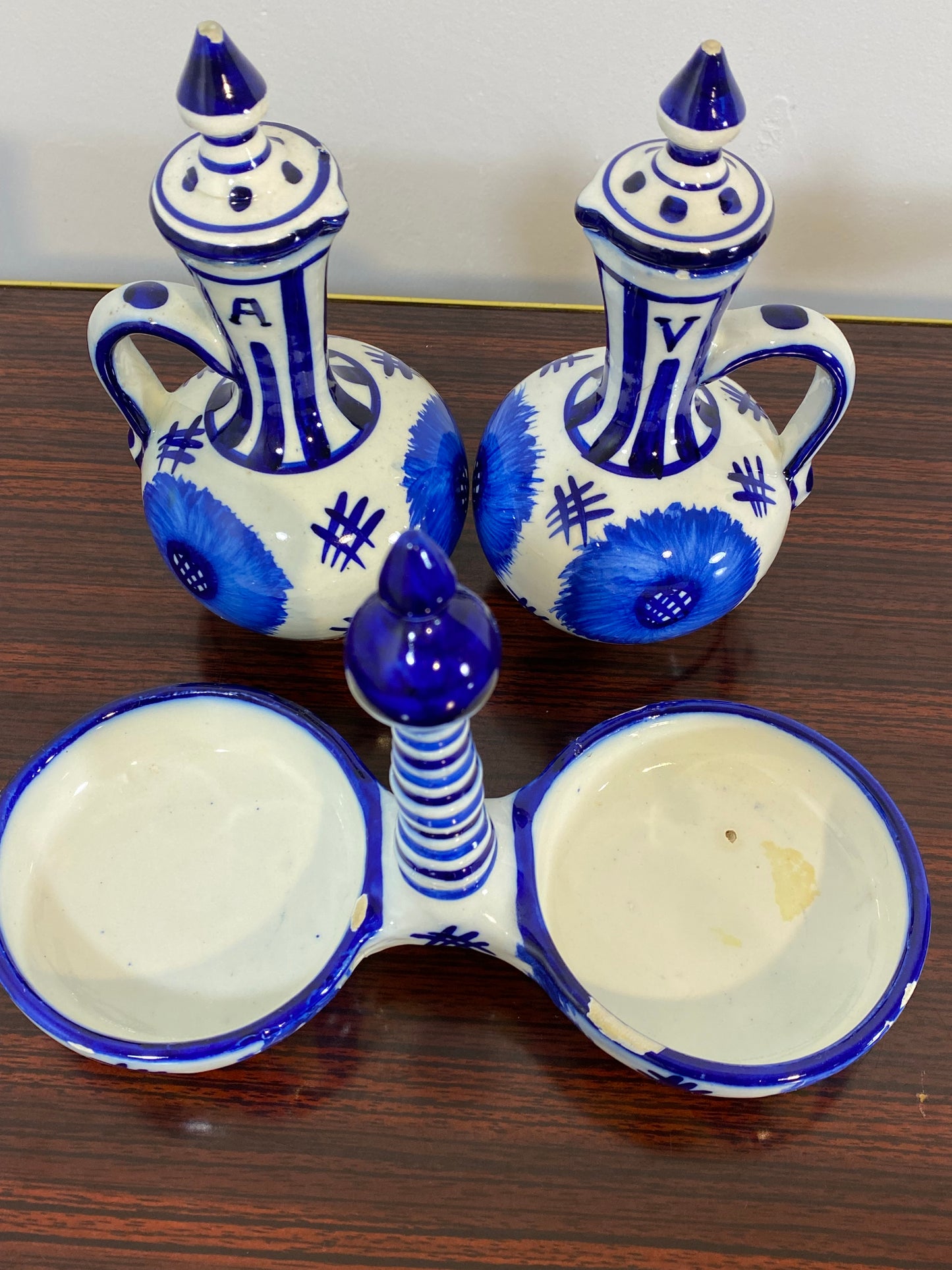 Vintage Hand-Painted Blue & White Ceramic Oil & Vinegar Cruet Set – Folk Art