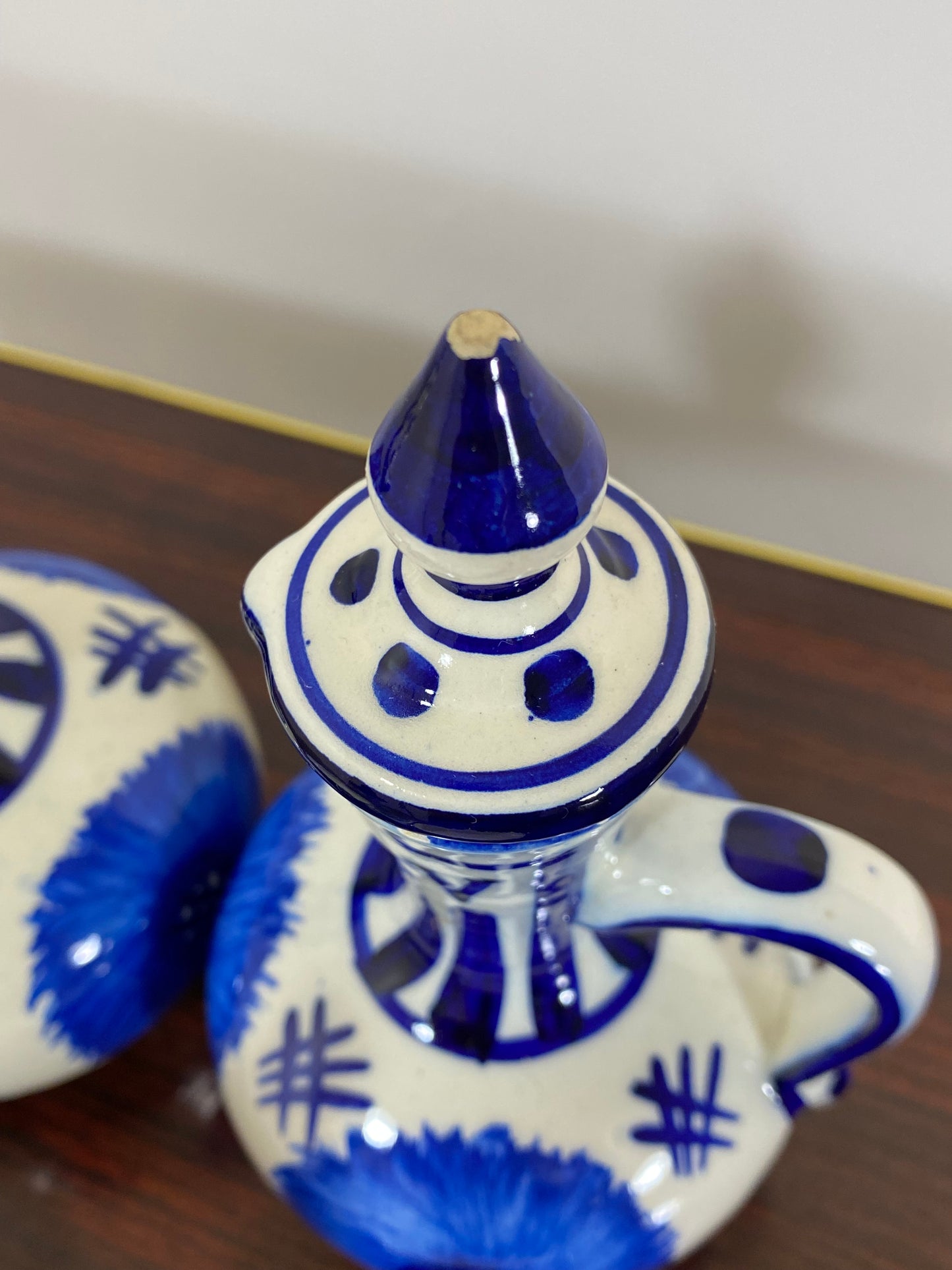 Vintage Hand-Painted Blue & White Ceramic Oil & Vinegar Cruet Set – Folk Art