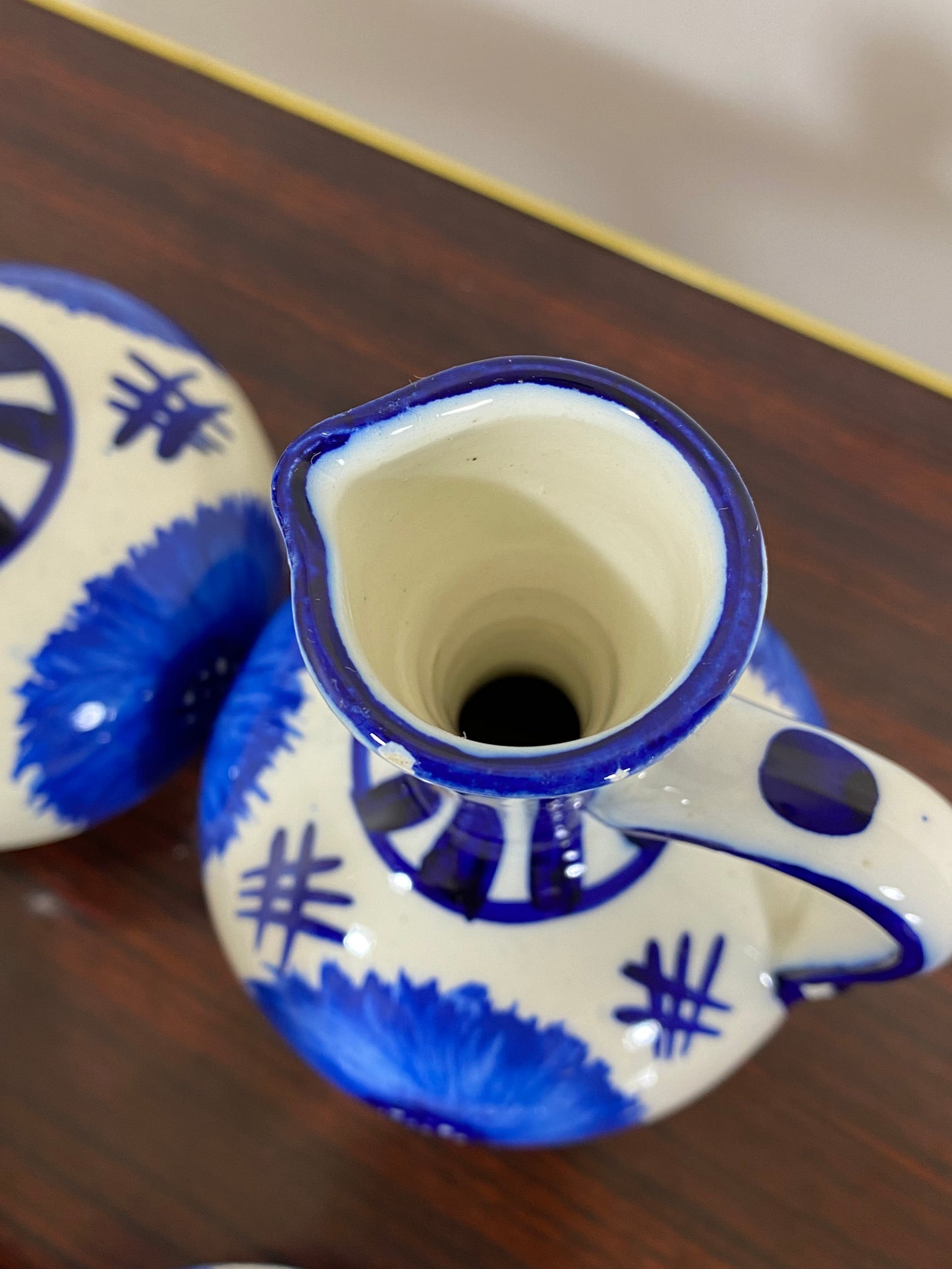 Vintage Hand-Painted Blue & White Ceramic Oil & Vinegar Cruet Set – Folk Art