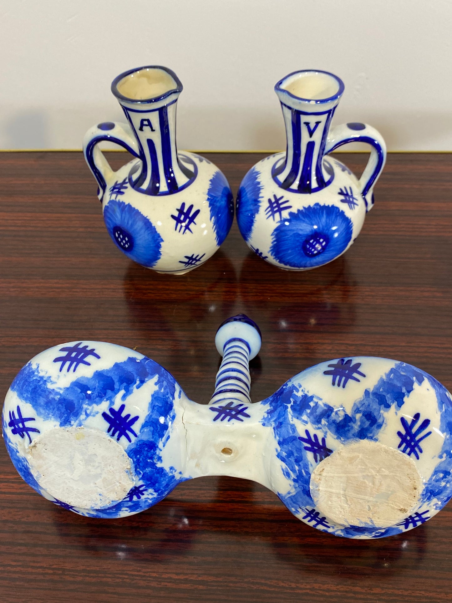 Vintage Hand-Painted Blue & White Ceramic Oil & Vinegar Cruet Set – Folk Art