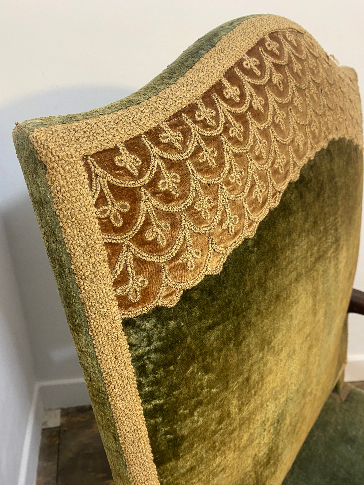 Antique Louis XIII Armchair – Green Velvet, Ornate Wood Carvings