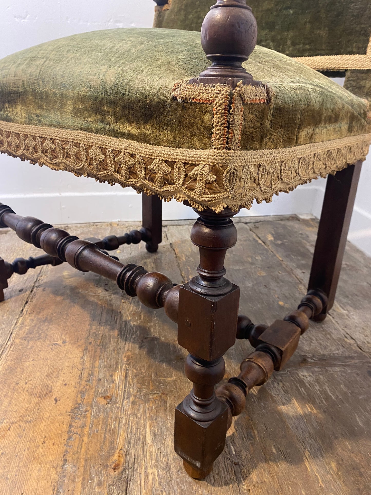 Antique Louis XIII Armchair – Green Velvet, Ornate Wood Carvings