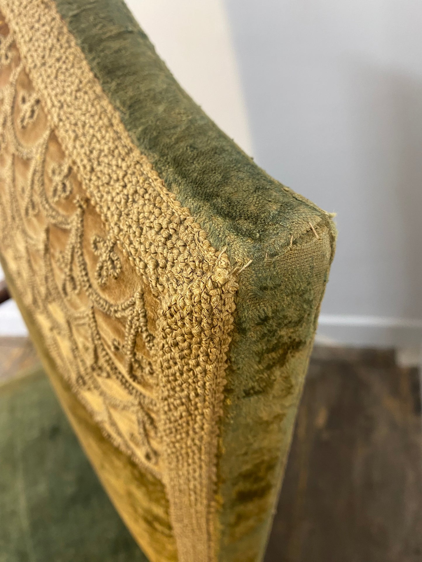 Antique Louis XIII Armchair – Green Velvet, Ornate Wood Carvings