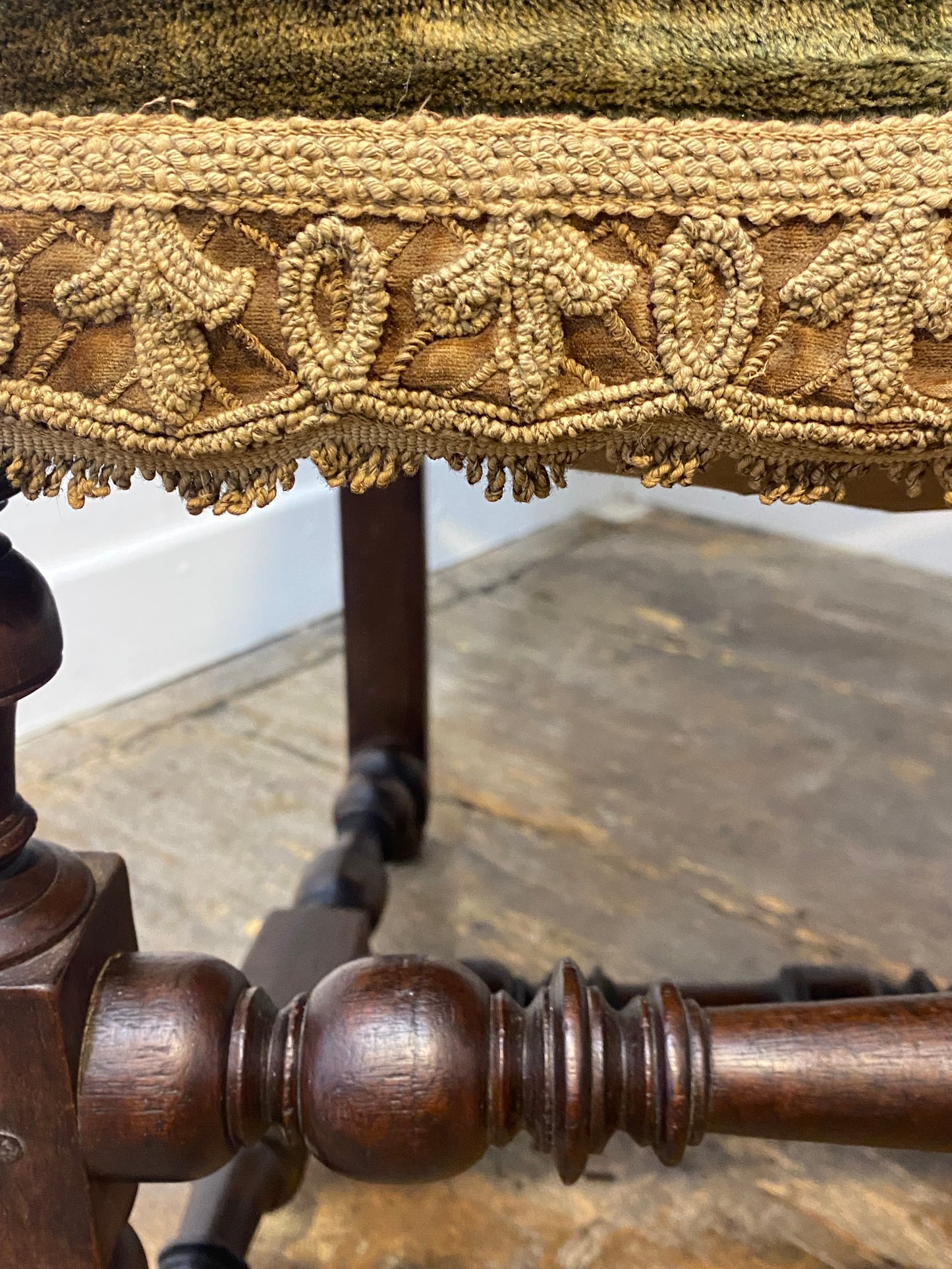 Antique Louis XIII Armchair – Green Velvet, Ornate Wood Carvings