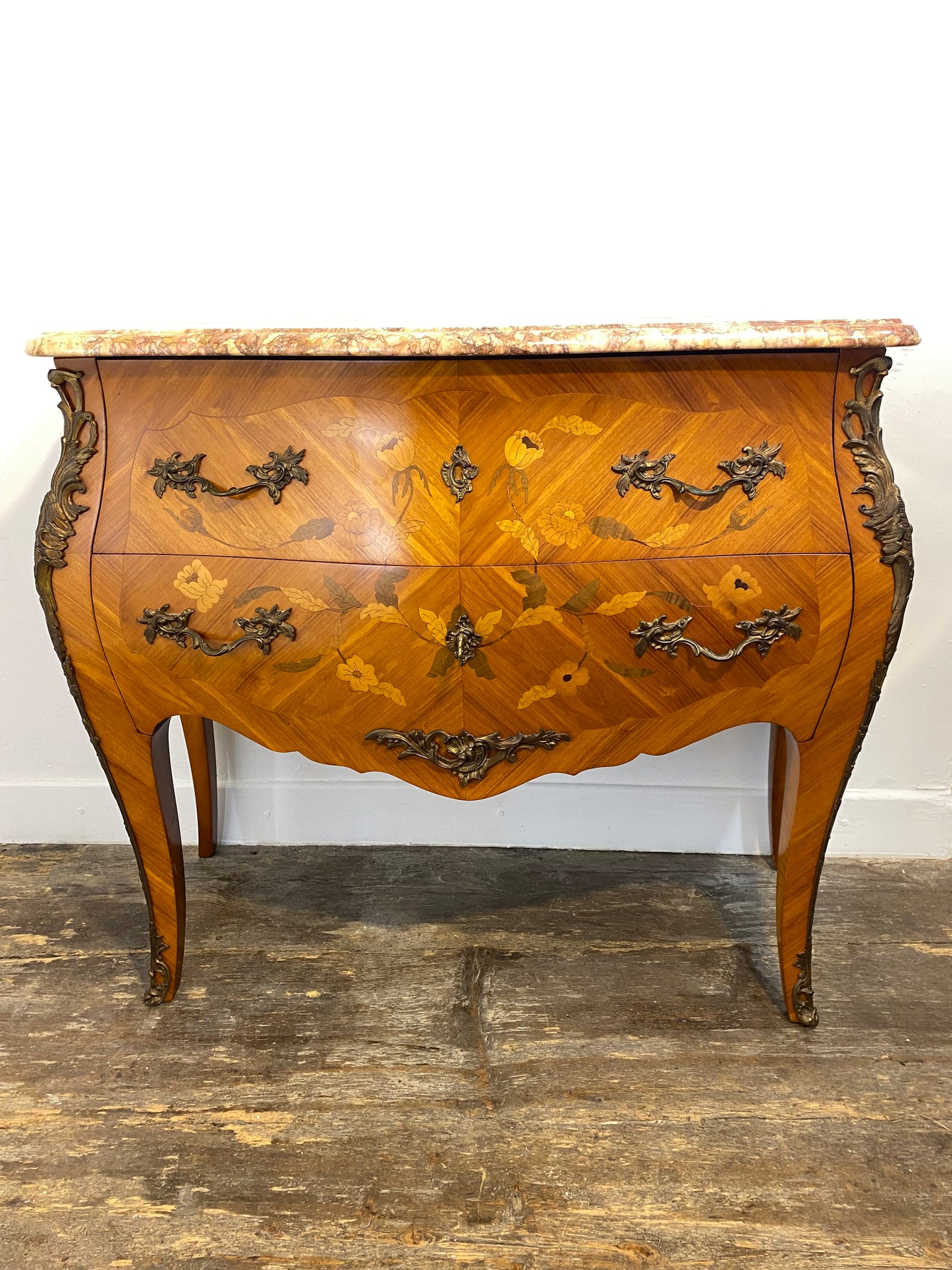 Antique French Louis XV Commode – Marble Top, Brass Ormolu, Marquetry
