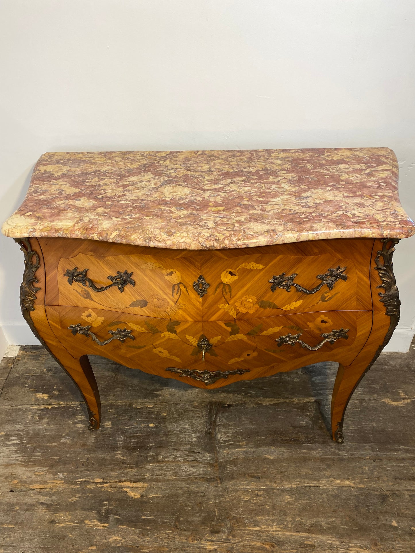 Antique French Louis XV Commode – Marble Top, Brass Ormolu, Marquetry