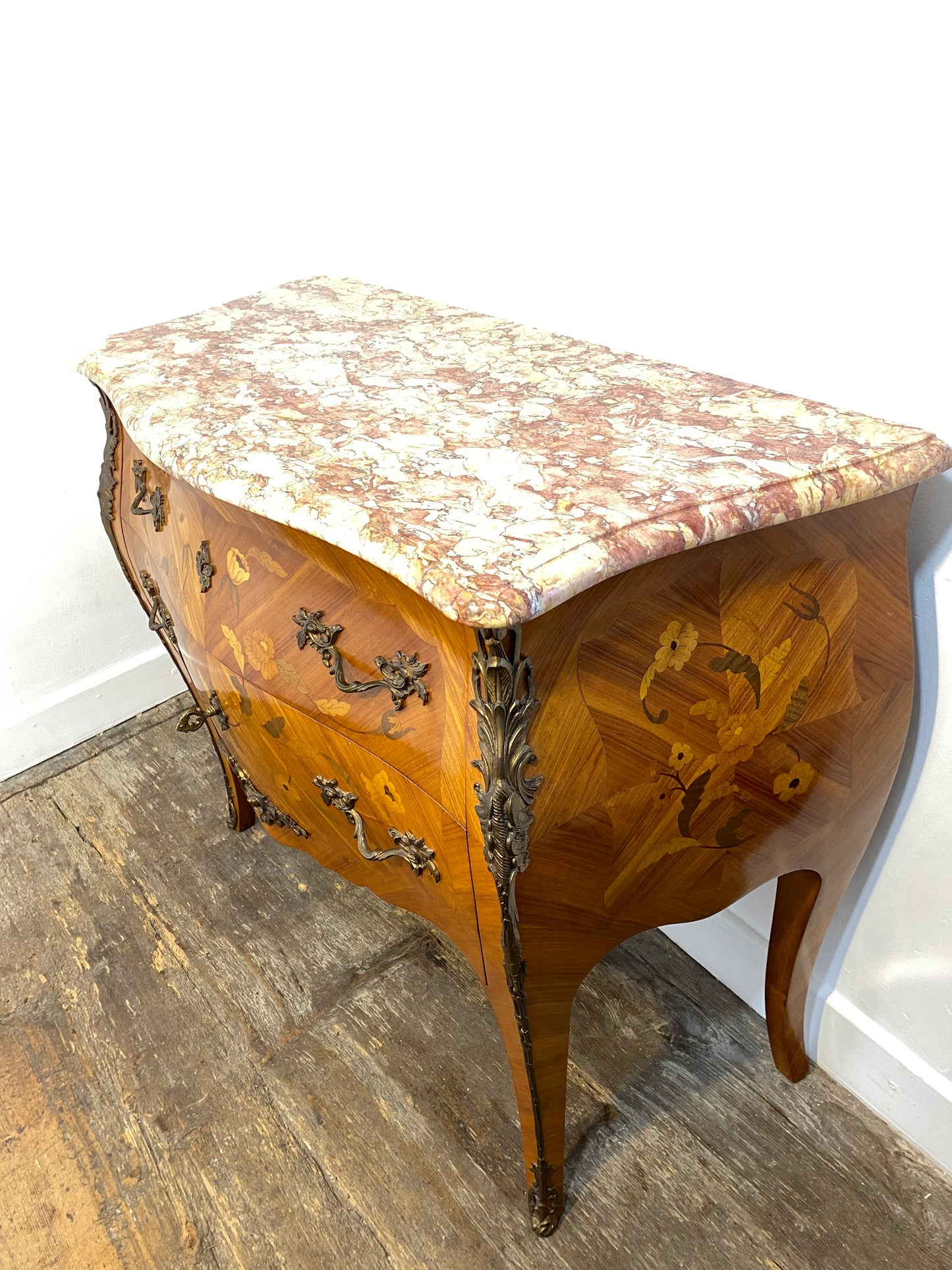 Antique French Louis XV Commode – Marble Top, Brass Ormolu, Marquetry