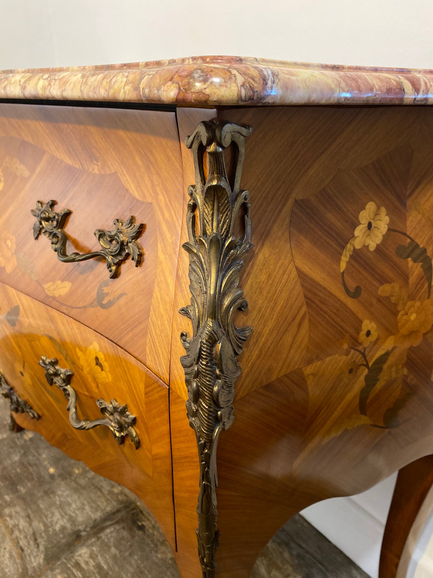 Antique French Louis XV Commode – Marble Top, Brass Ormolu, Marquetry