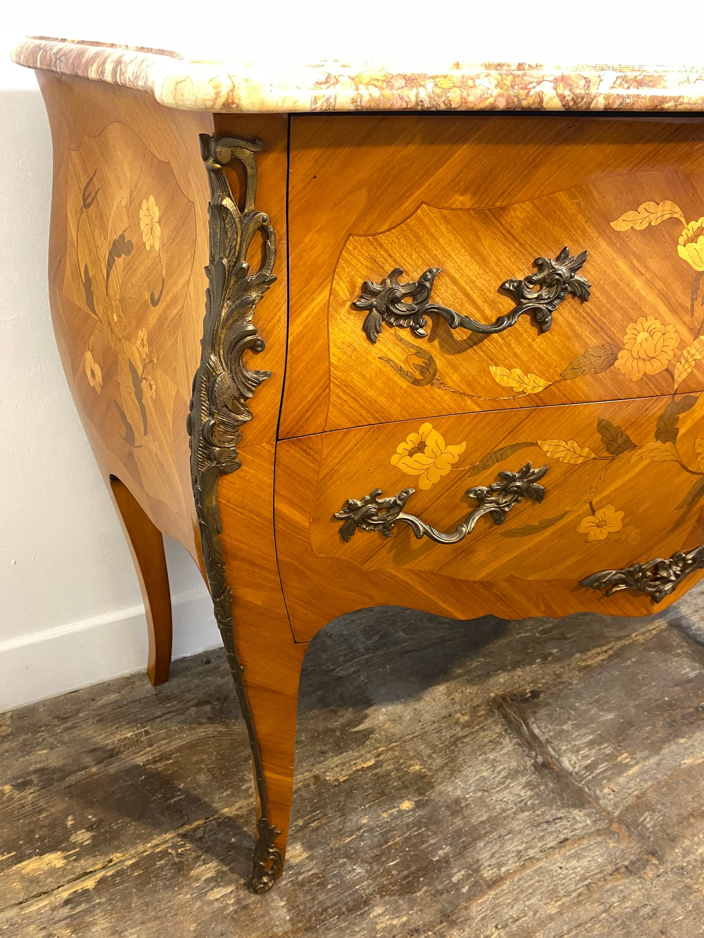 Antique French Louis XV Commode – Marble Top, Brass Ormolu, Marquetry