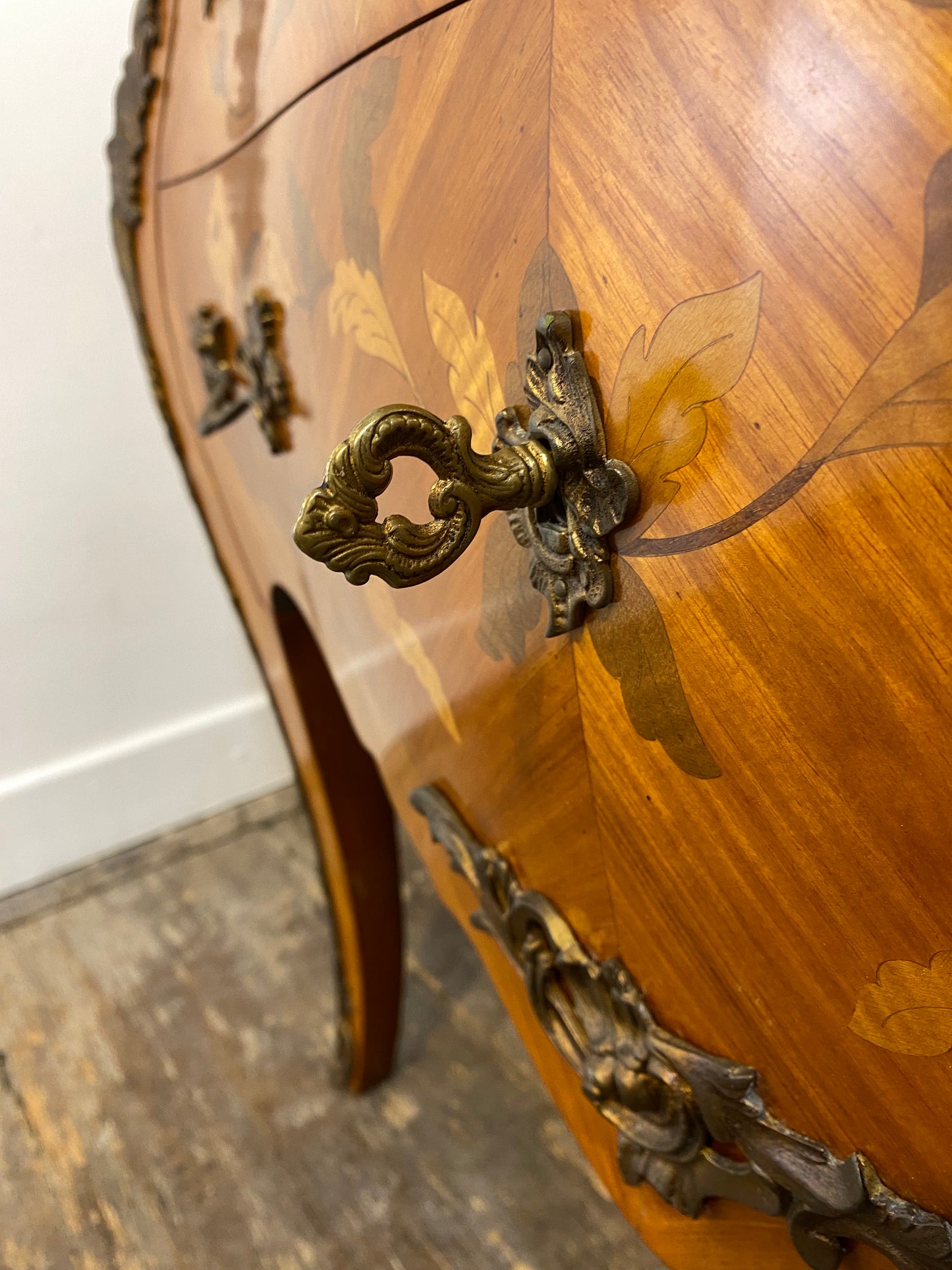 Antique French Louis XV Commode – Marble Top, Brass Ormolu, Marquetry