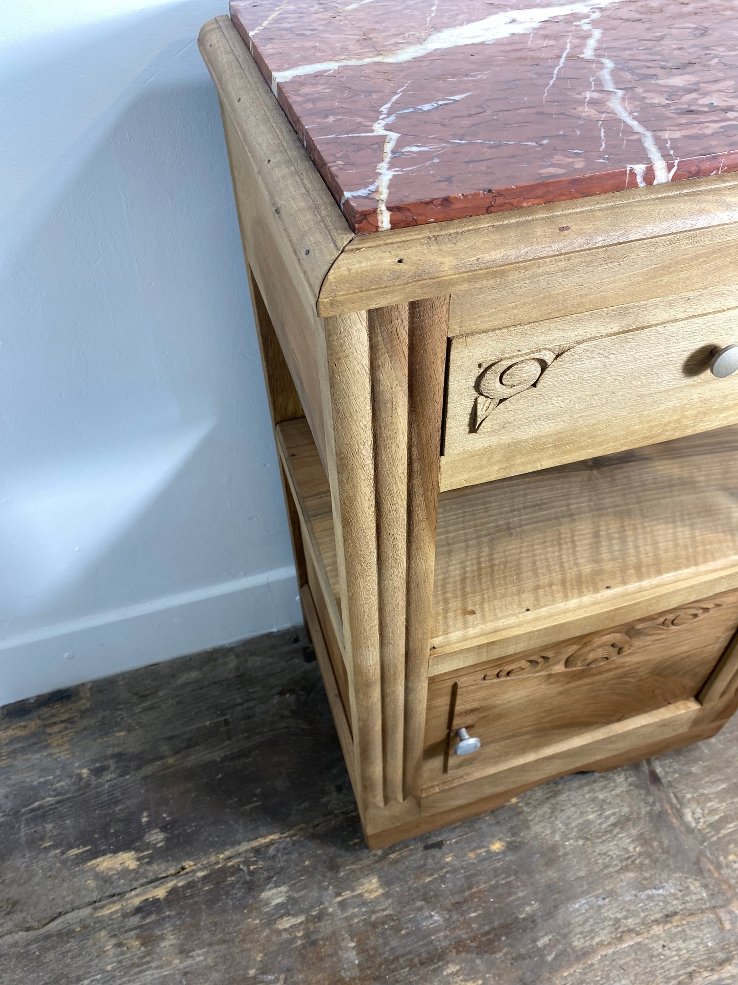 Antique Provincial Walnut Bedside Cabinet with Red Marble Top