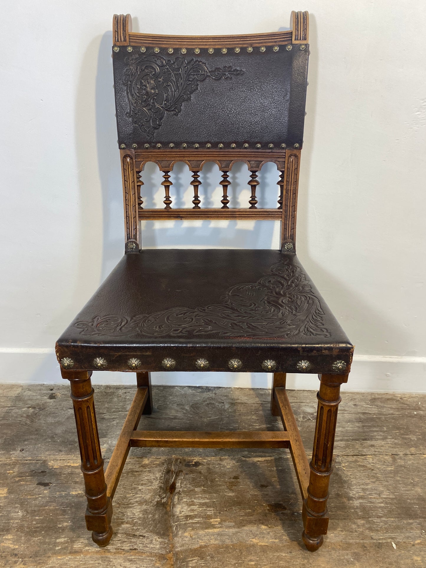 Set of 6 Antique Renaissance Revival Dining Chairs – Embossed Leather